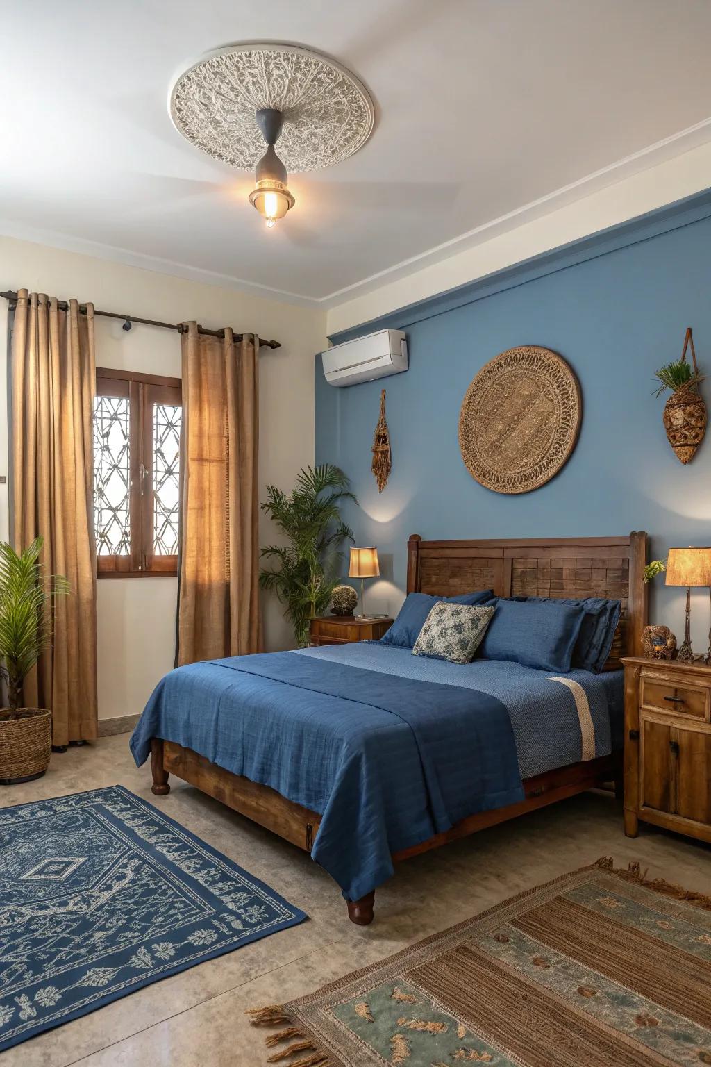 Earthy tones and sapphire blue create a harmonious and grounded aesthetic.