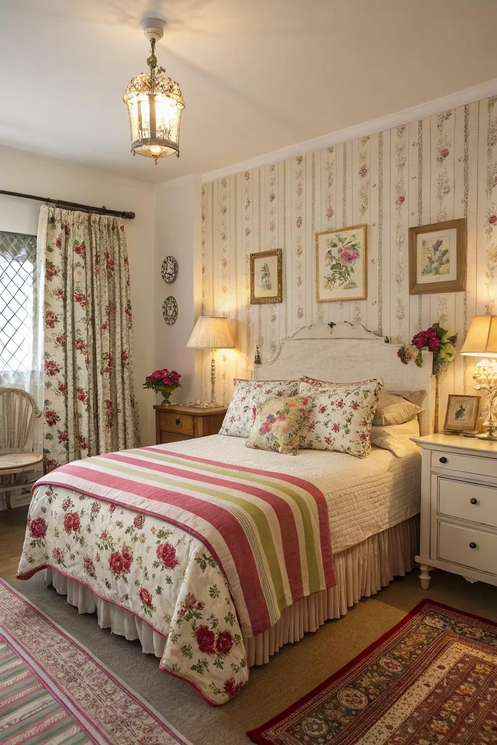 Blending designs contributes depth and a playful touch to a modern shabby chic bedroom.
