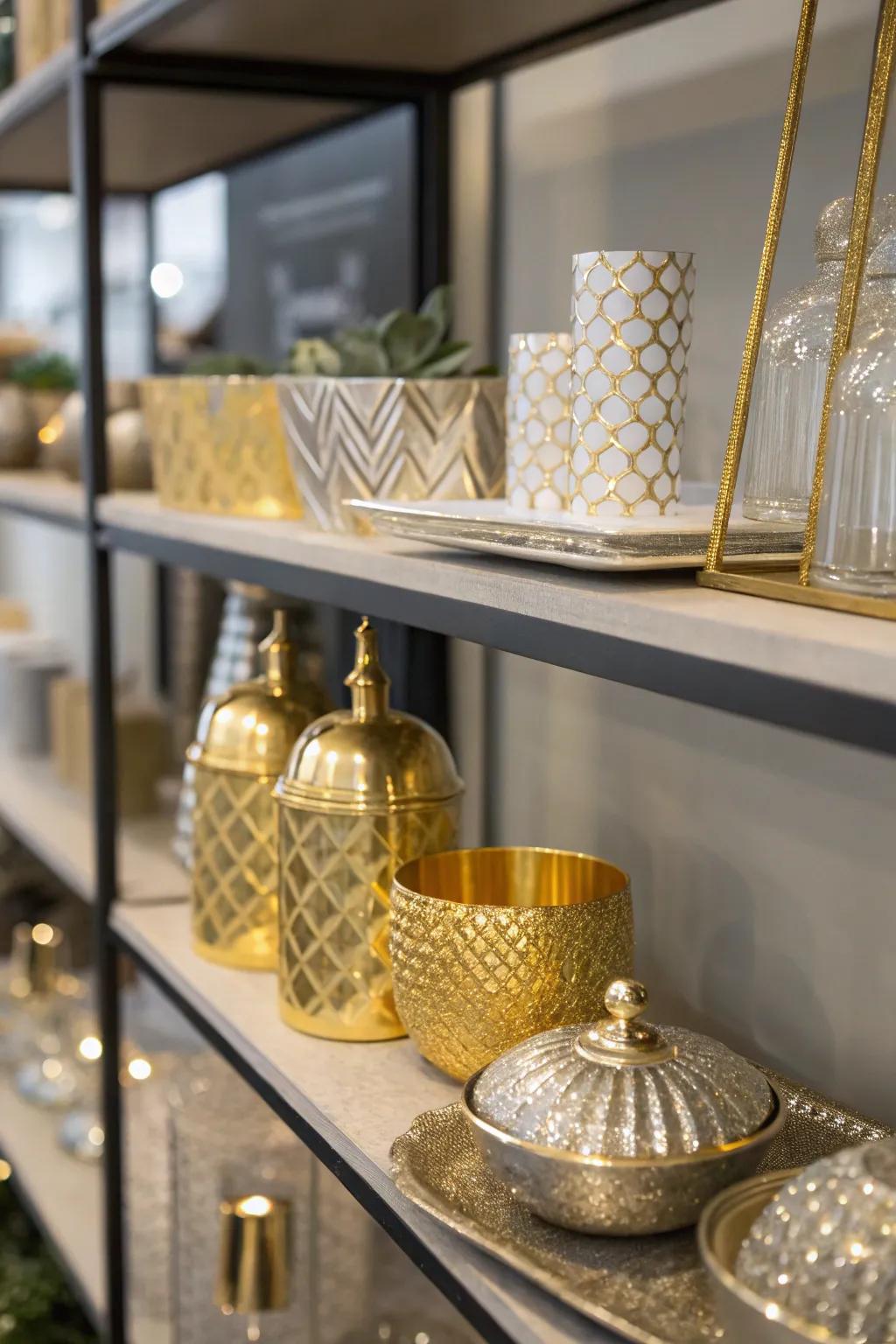 Elevate elegance with metallic accents on your shelf.