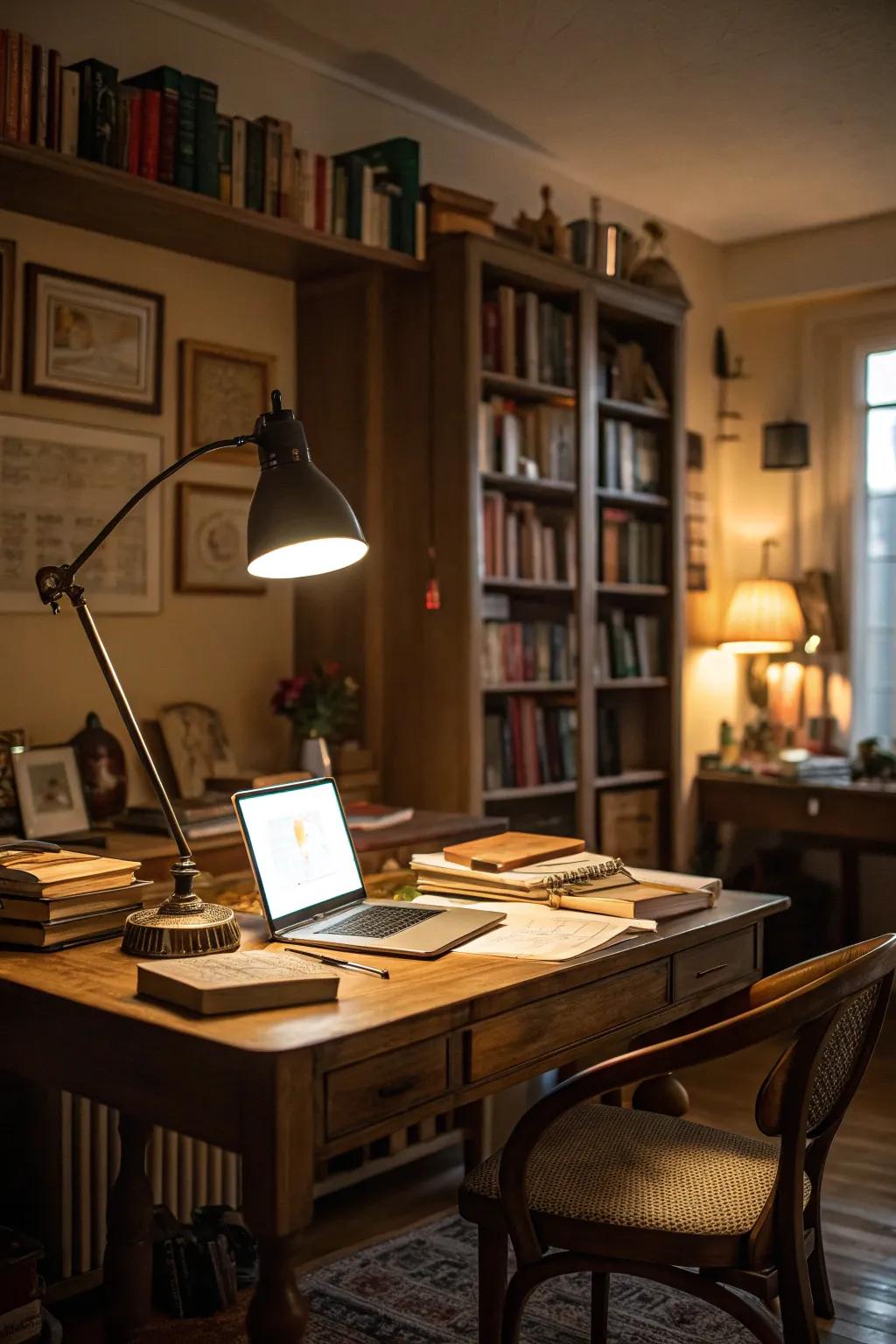 A study featuring layered lighting for a cozy ambiance.