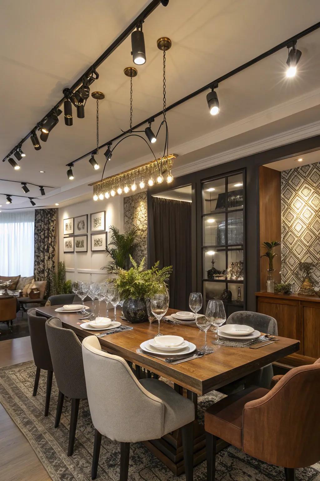 Vibrant feasting room with rail illumination at varied elevations.