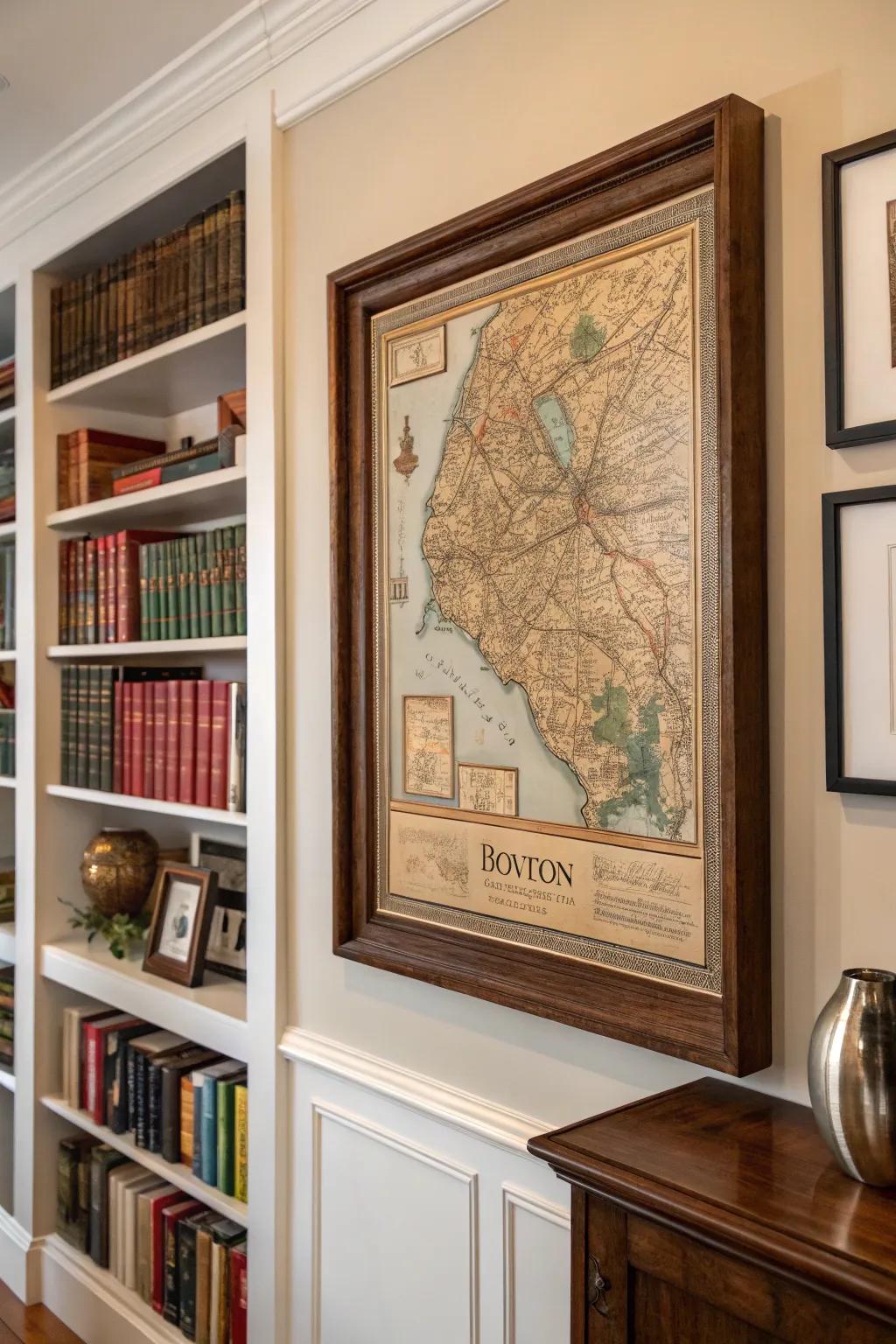 An antique map of Boston adding heritage to a study.