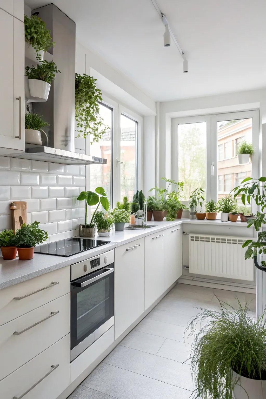 Plants introduce a refreshing touch to the kitchen.