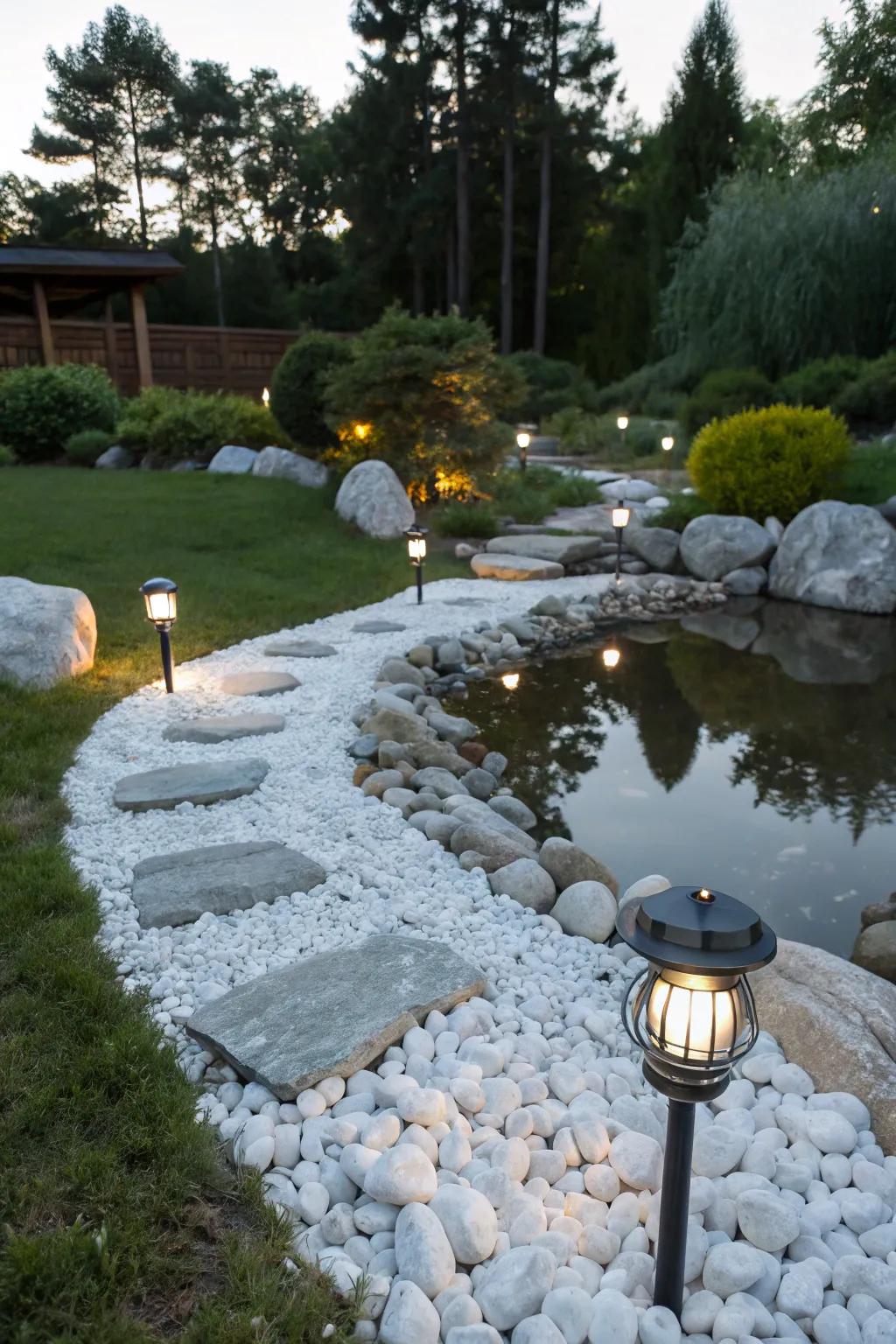 A magical garden scene featuring solar illumination accentuating pale stones, fashioning a twinkling fairyland.