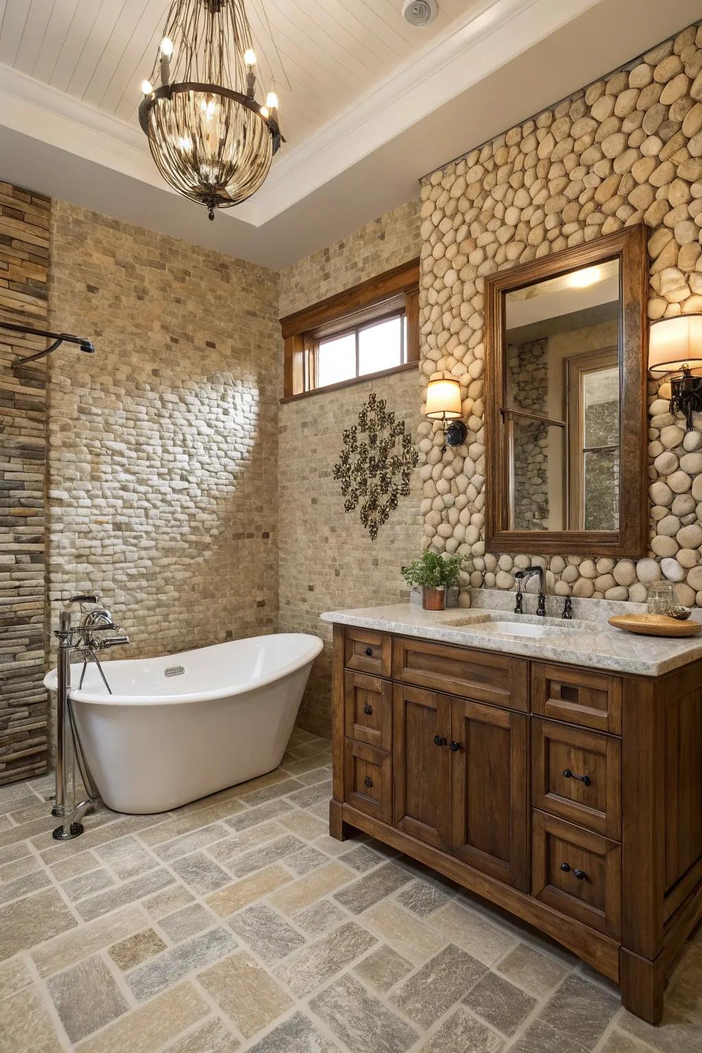 A countryside bathroom featuring elegant rock mosaic tiles.