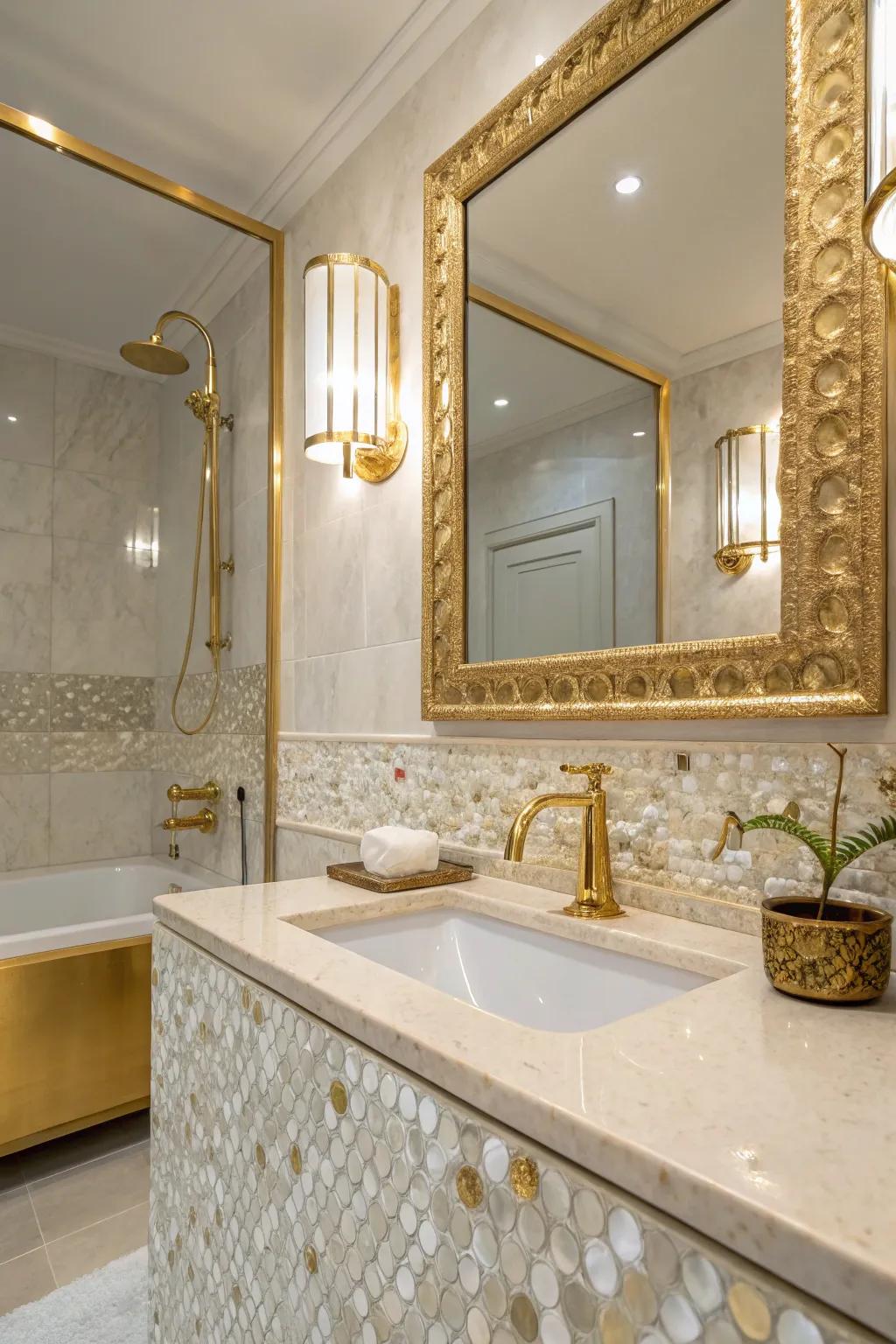 Deluxe accents paired with mother of pearl tiles craft an opulent atmosphere.