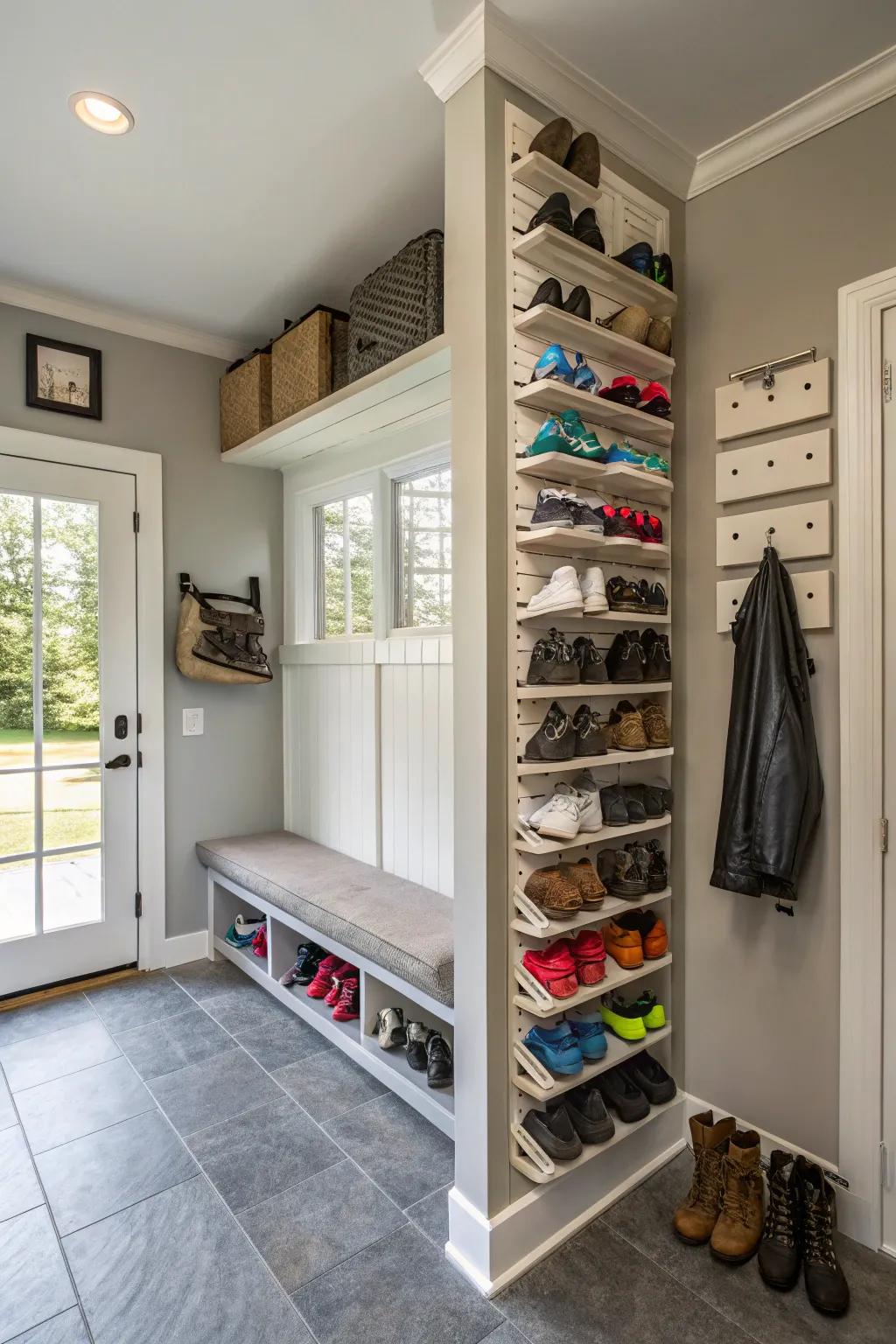 Mudroom featuring vertical footwear racks to maximize space.
