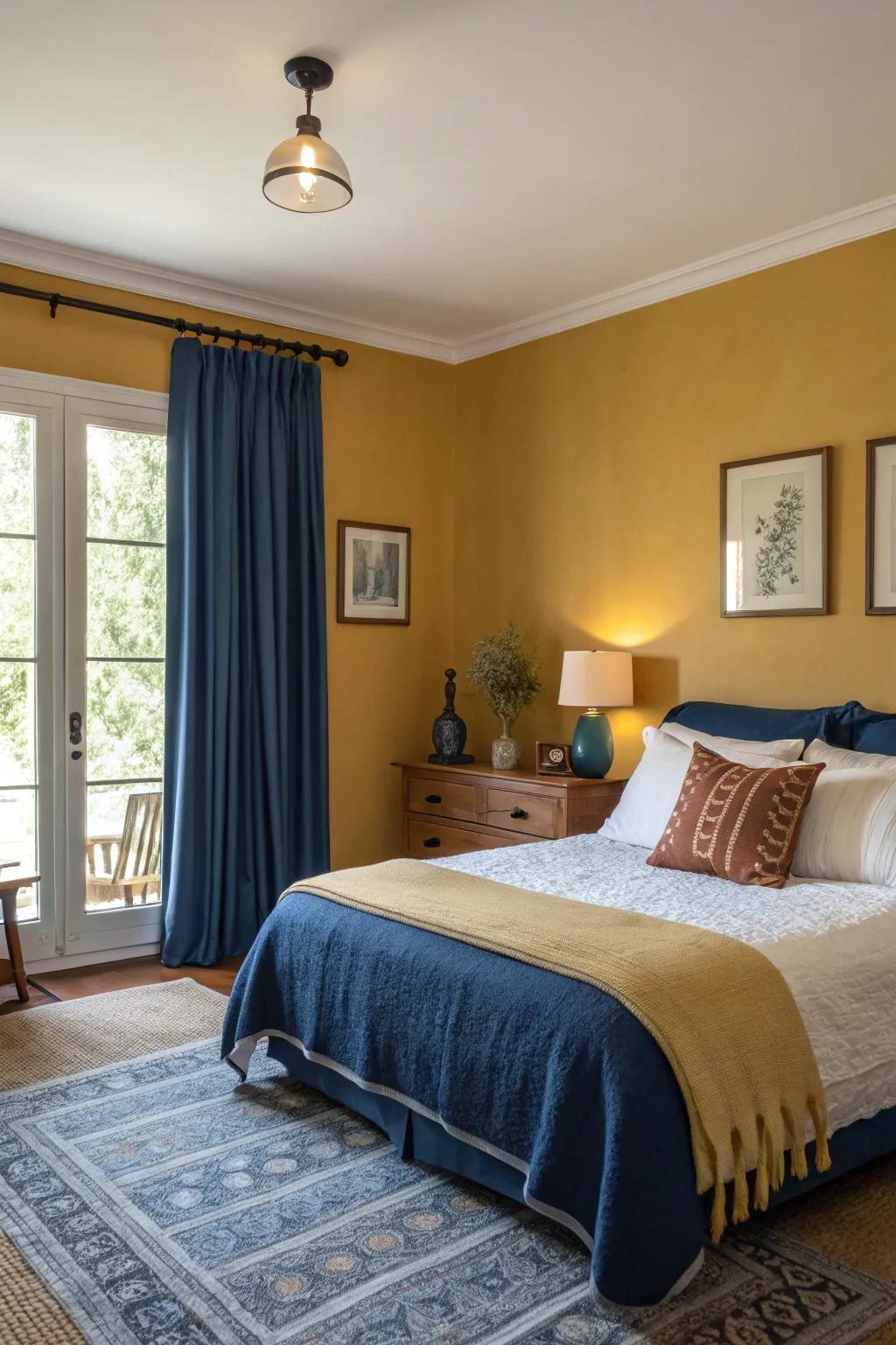 A sleeping chamber accentuating amber and profound blue ornamental highlights.