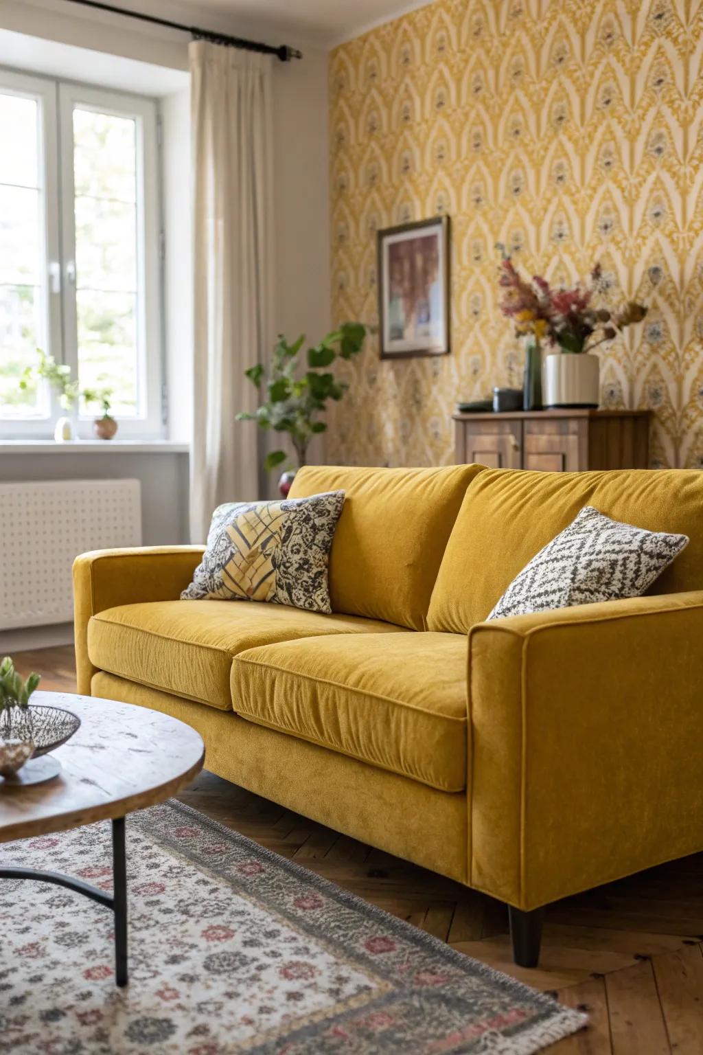 Patterned wall covering fashions a captivating backdrop.