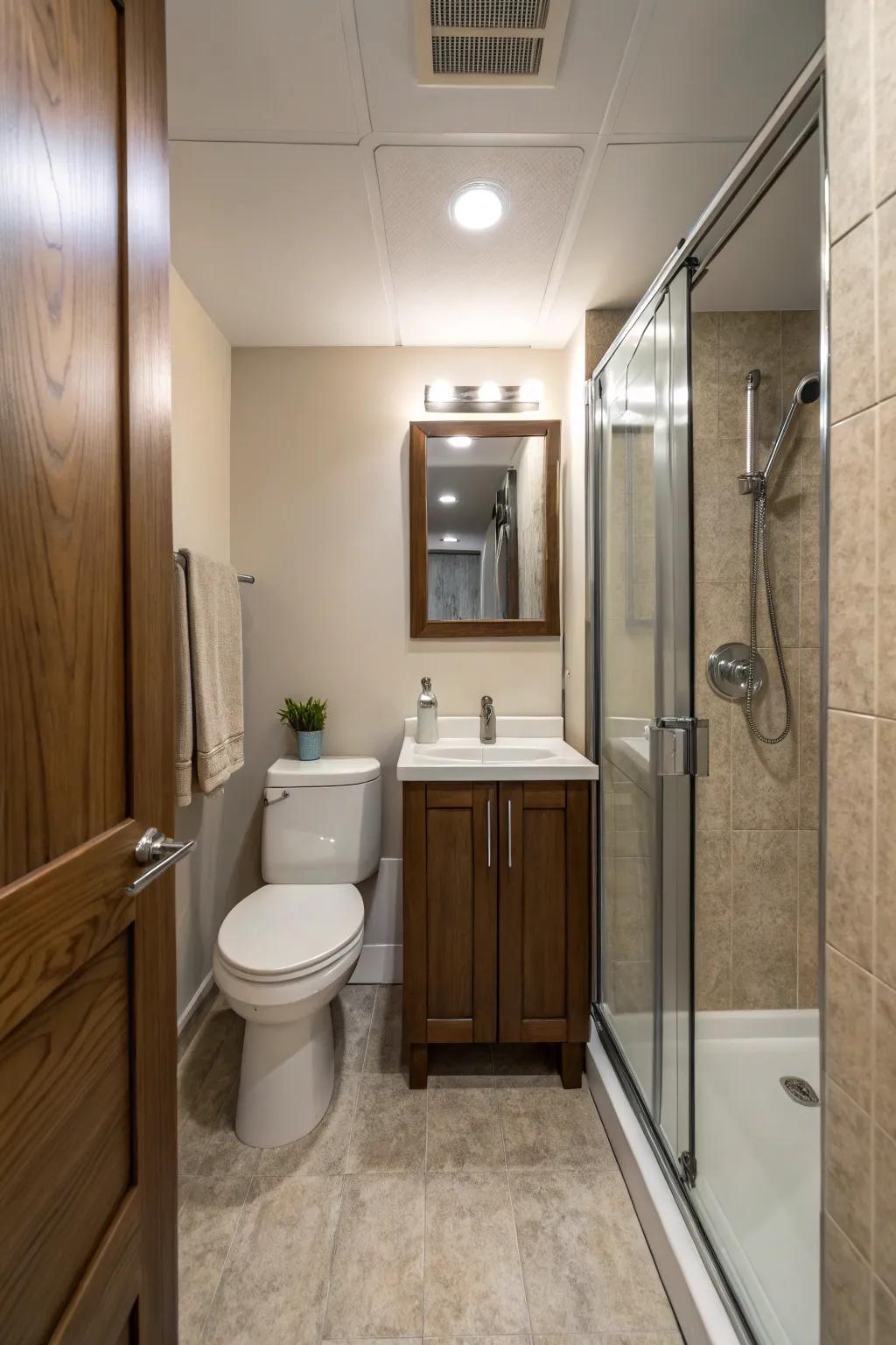 Practical layouts optimize the utility of area in compact bathrooms.
