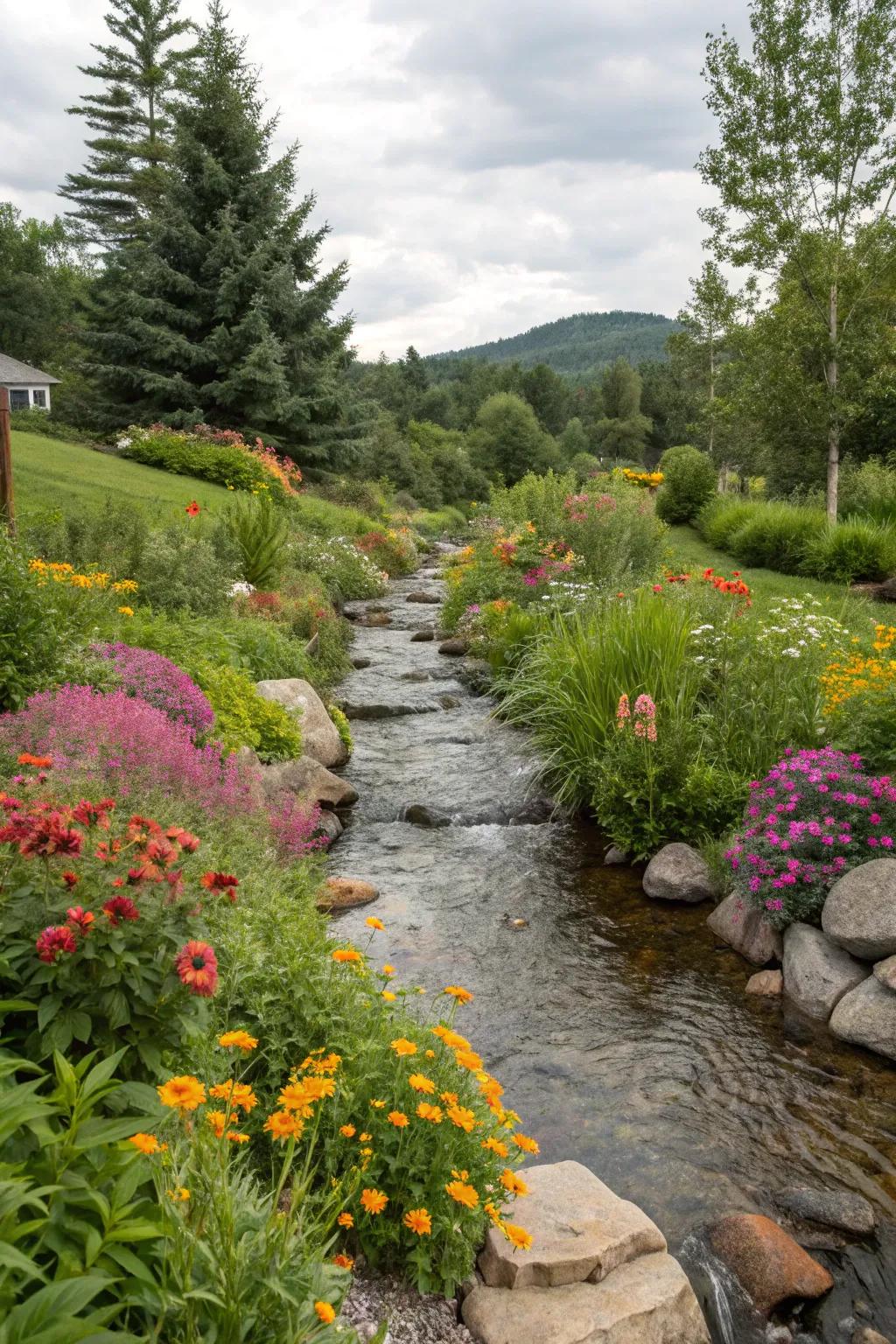 Untamed flora adding vibrant borders to a garden stream.