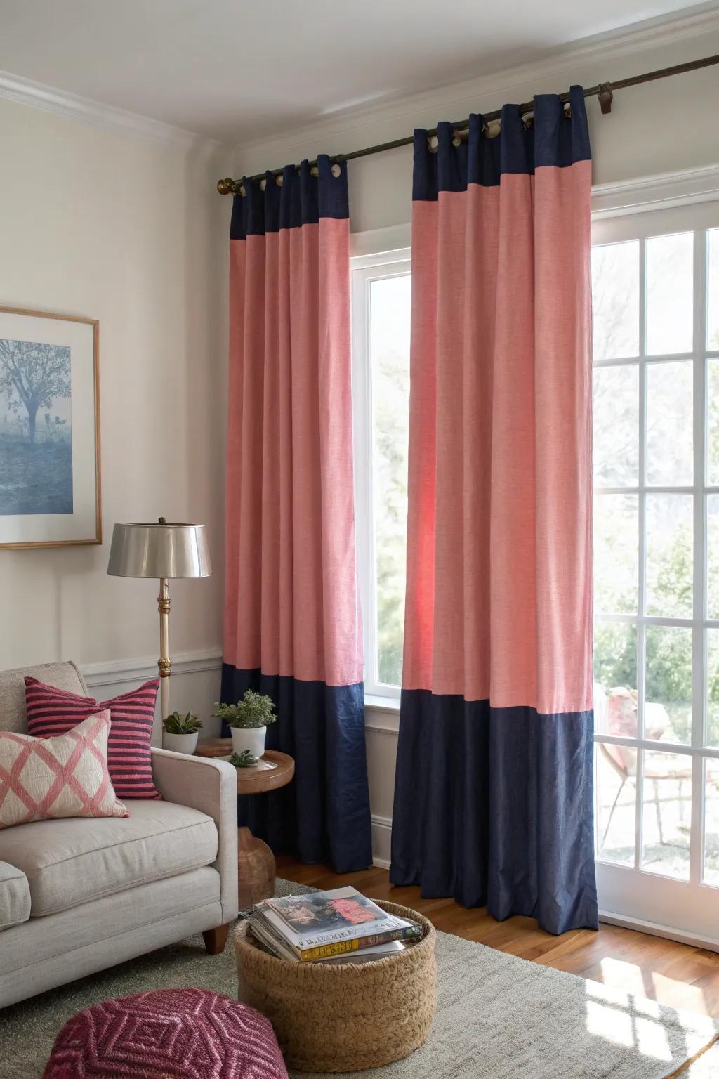 Layered drape in rose and marine fashion a dynamic aesthetic.