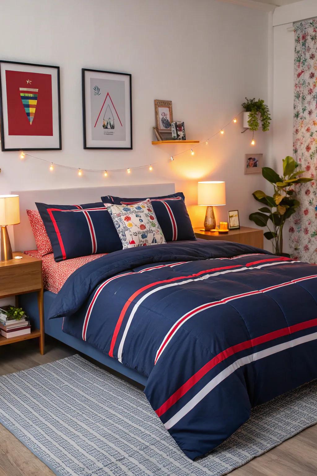With dark blue bedding with strong stripes, you may add vibrant contrast.