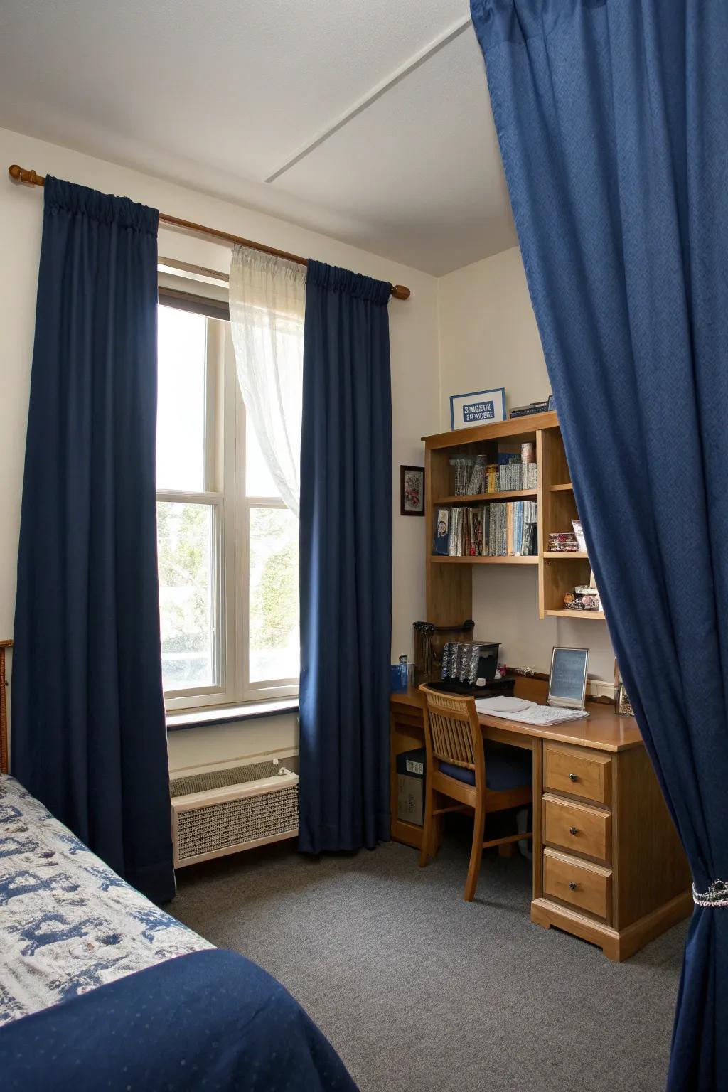 Navy window treatments enhance solitude and panache.