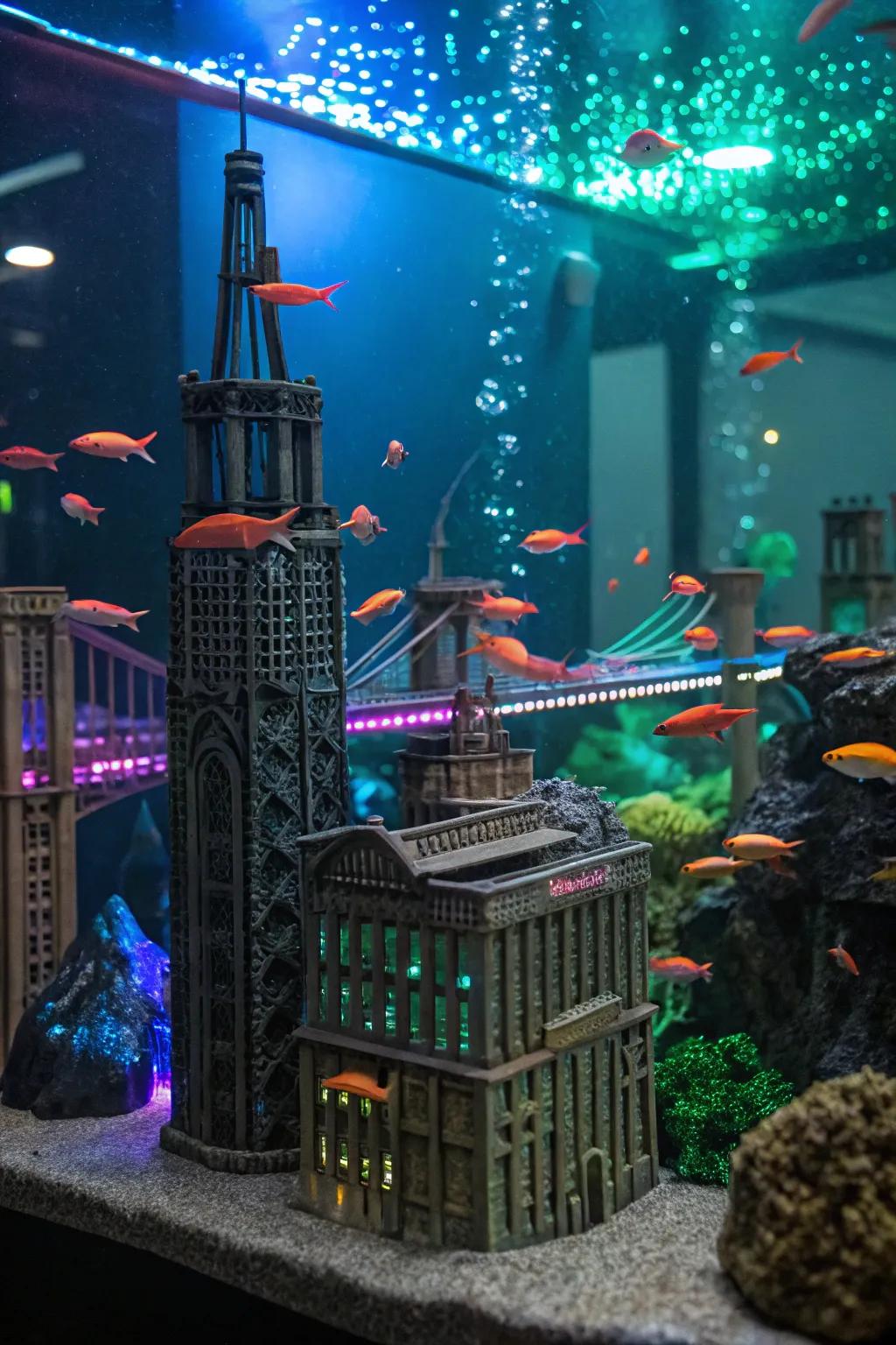 A themed milieu with fluorescent elements contributes personality to this aquarium.