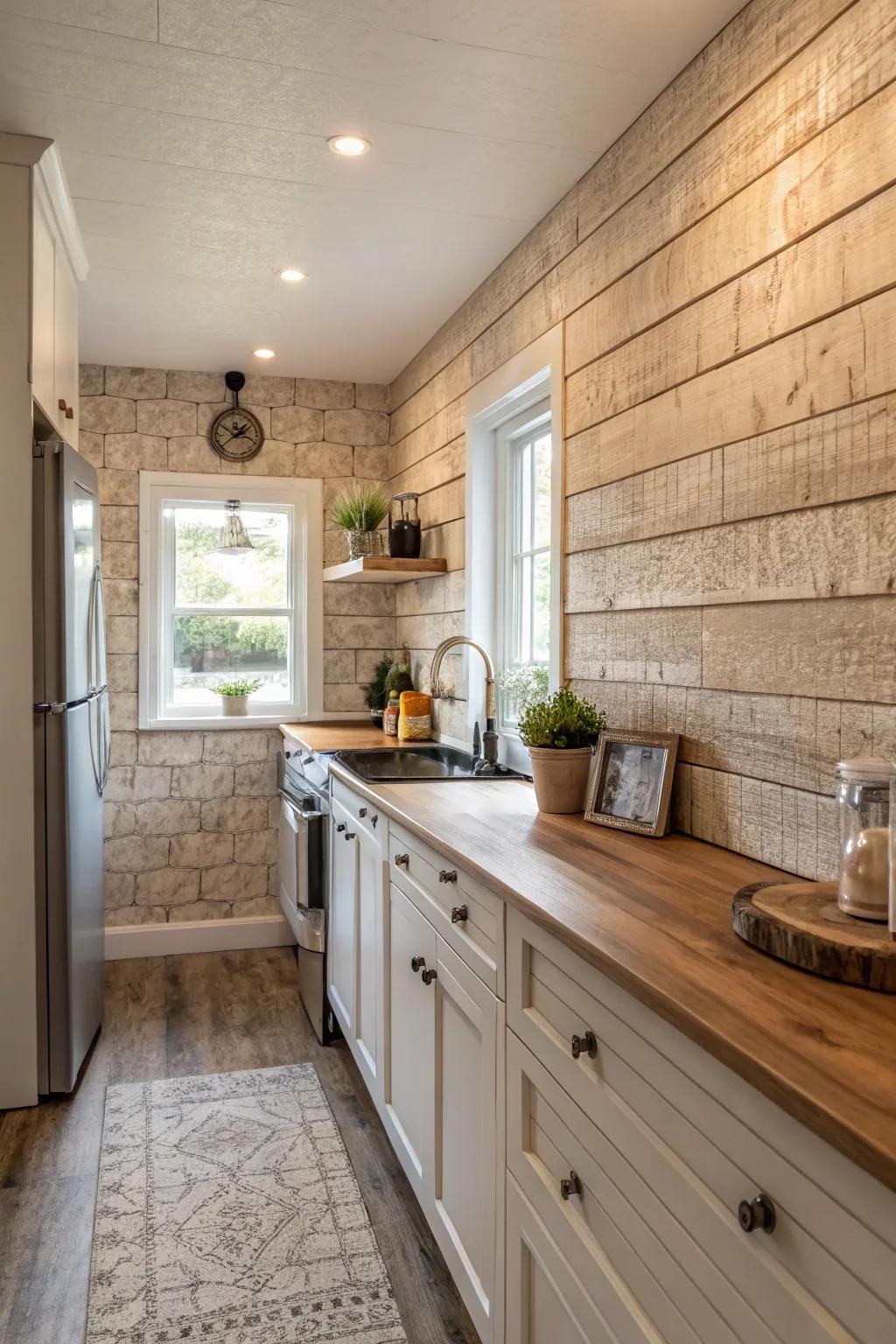 Textured wall finishes infuse subtle depth to a neutral cooking area.