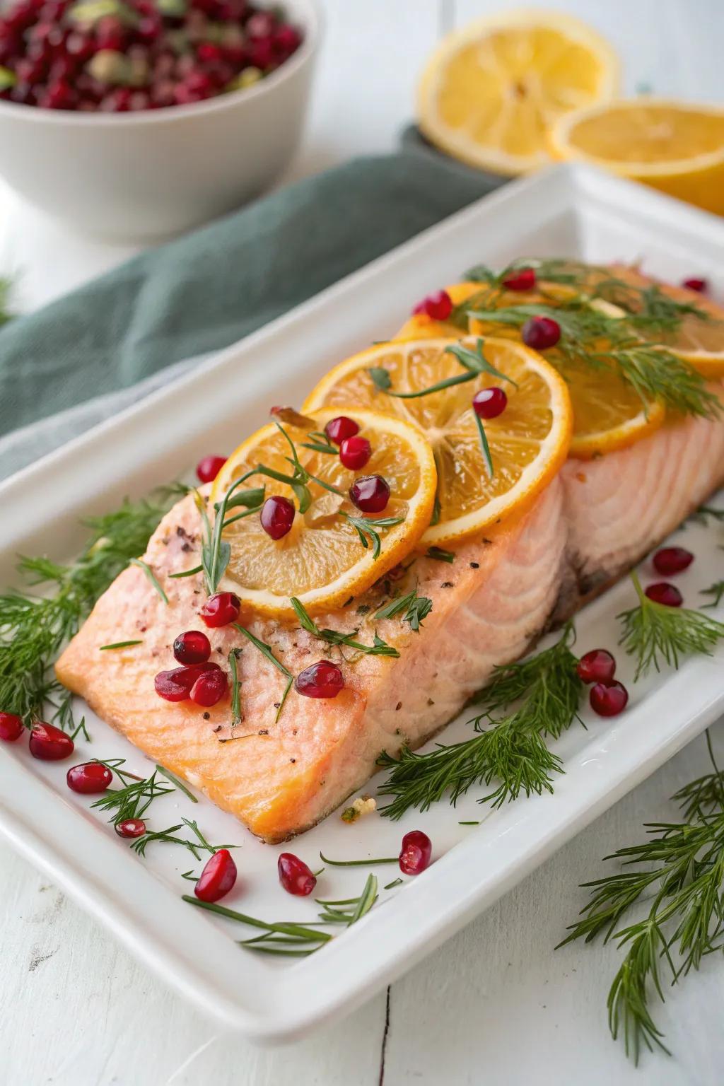 Citrus seeded salmon, offering a burst of color and flavor for your New Year's dinner.
