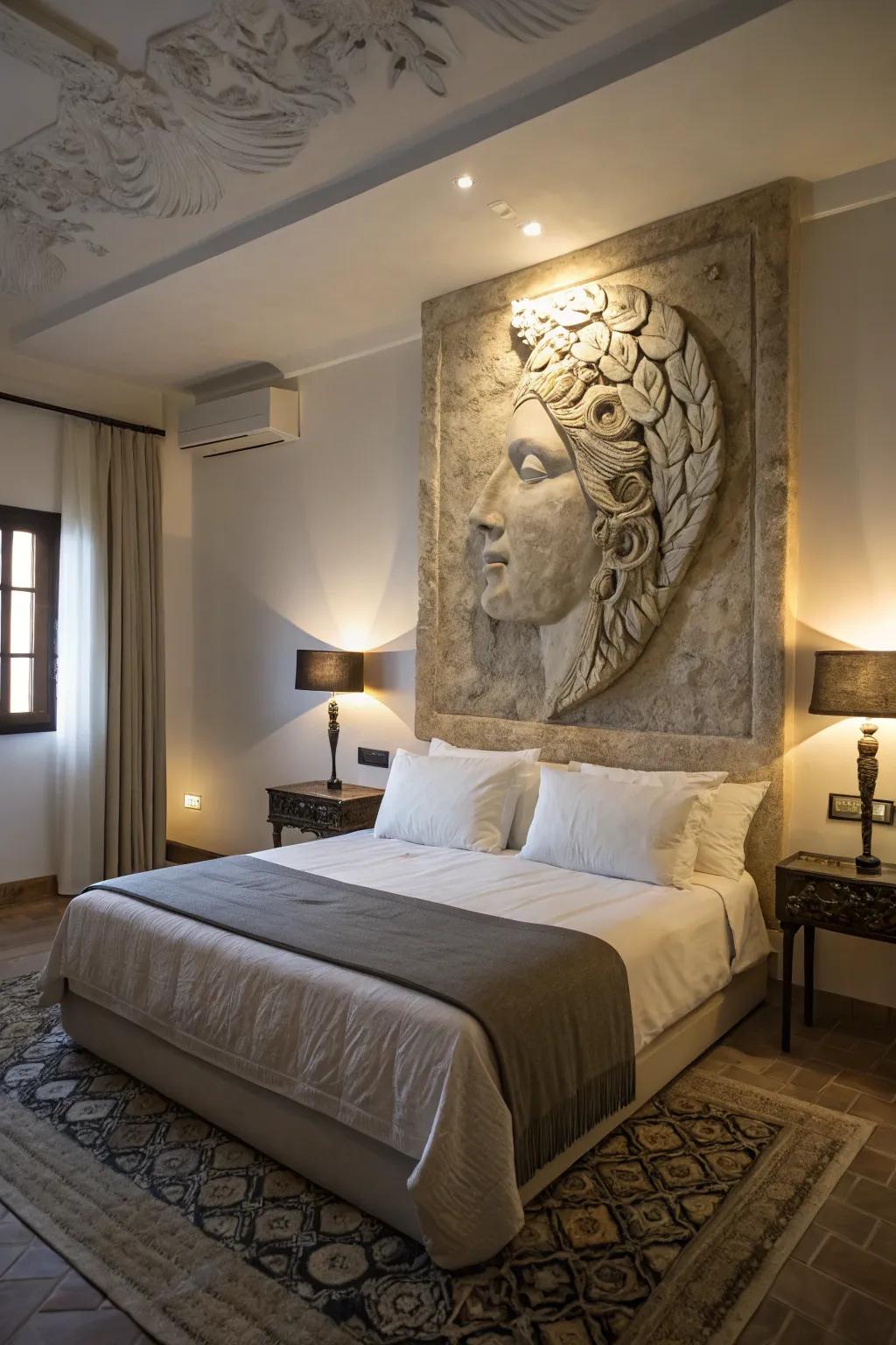 Three-dimensional art creates a dramatic focal point in the bedroom.