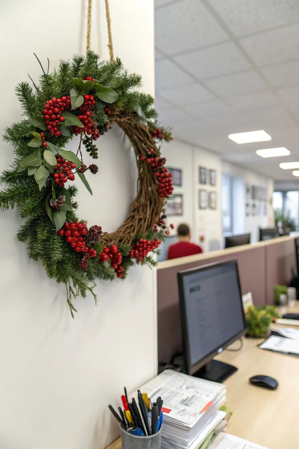 A wreath imparts a classic vestige of festivity to your workspace.