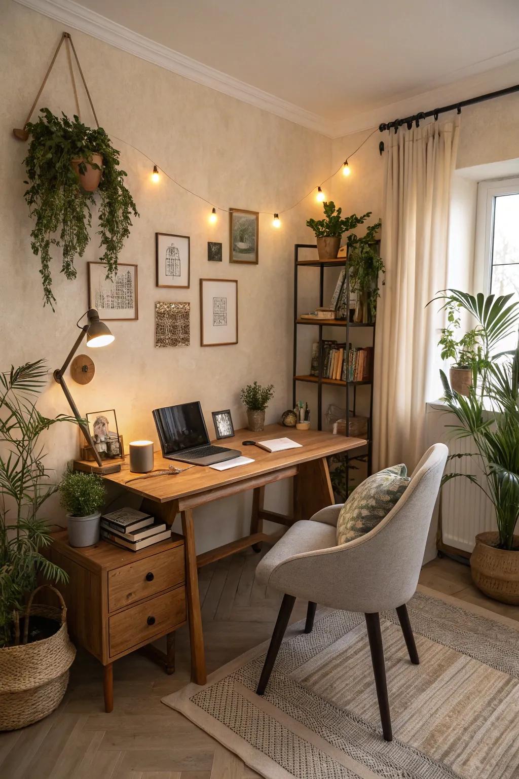 Beige tones engender a warm and equilibrated office milieu.