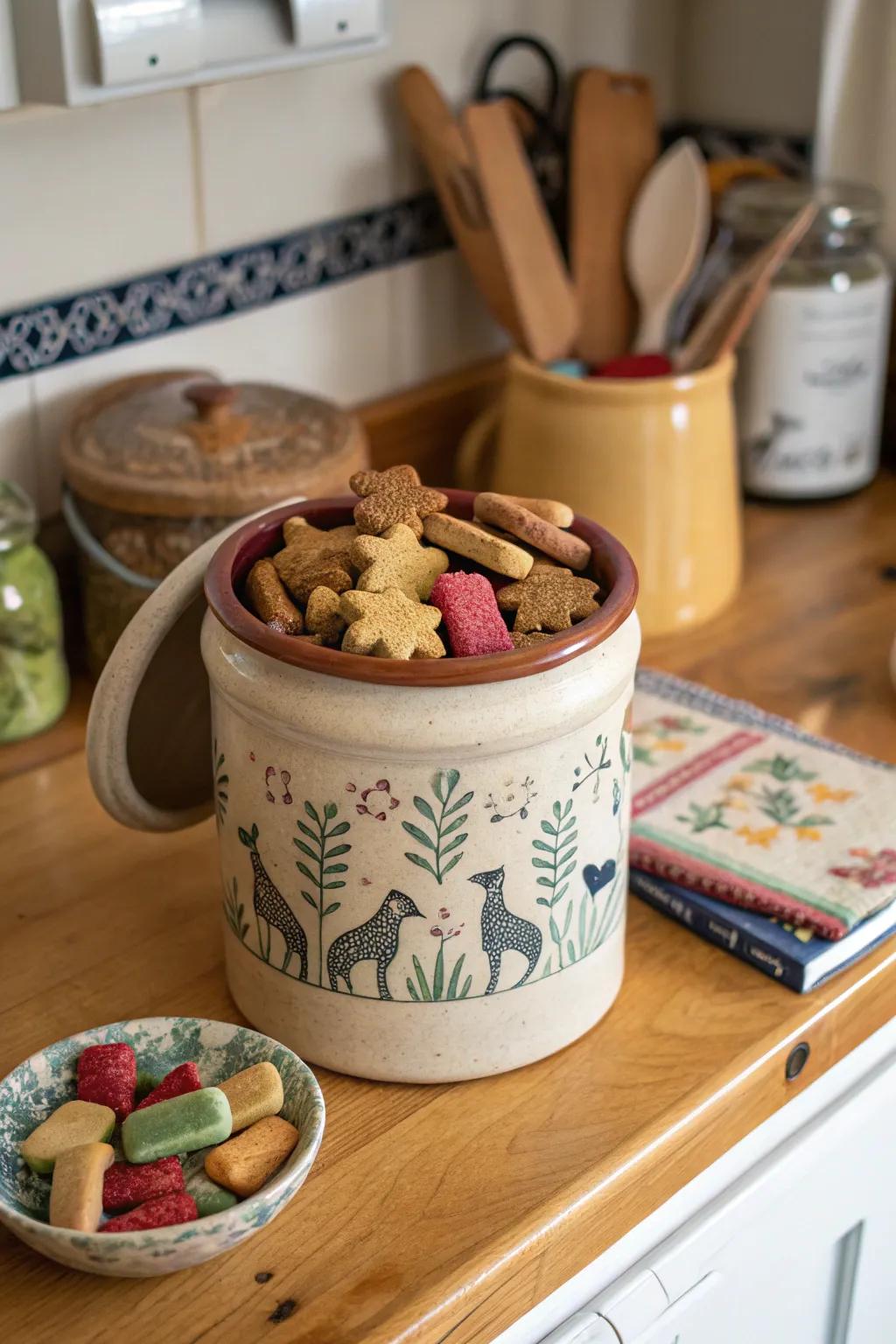 Keep domestic animal treats elegantly stored in a vintage crock.