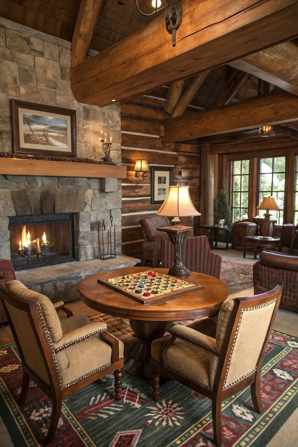 Lodge interior featuring a vintage game table with seating.