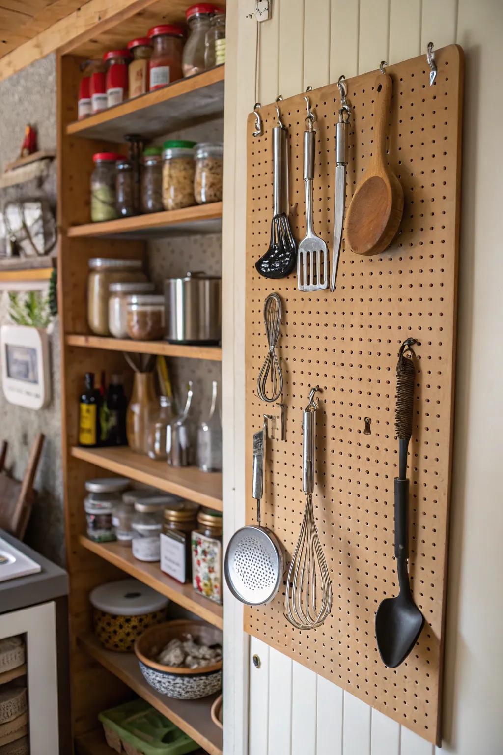 Easy access to kitchen tools is provided by pegboards.