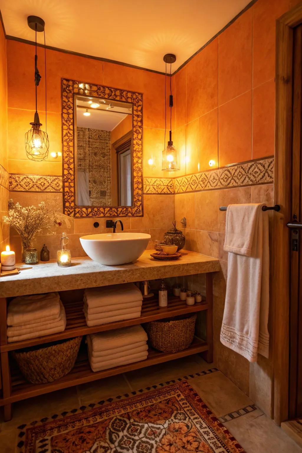 Warm lighting enhances the cozy sensation of orange tones within the bathroom.