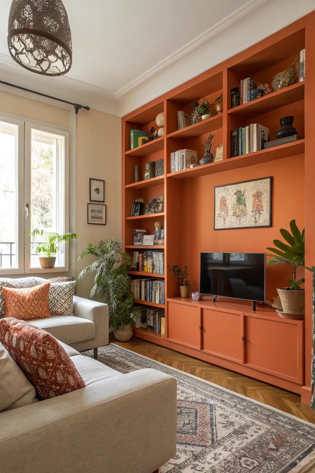 A living room where tangerine wall mounts provide both color and function.