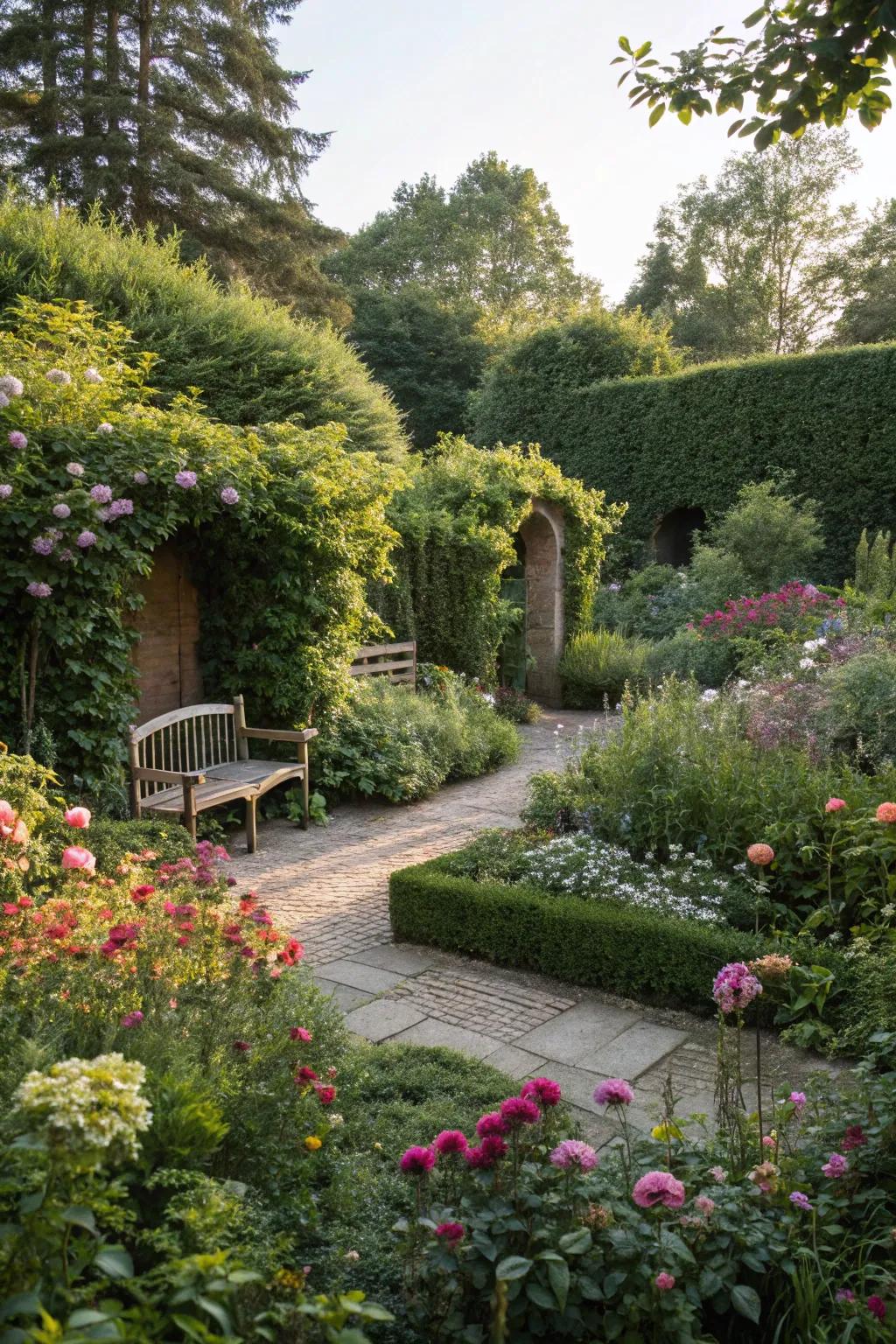 Concealed garden alcoves afford intimate, private refuges.