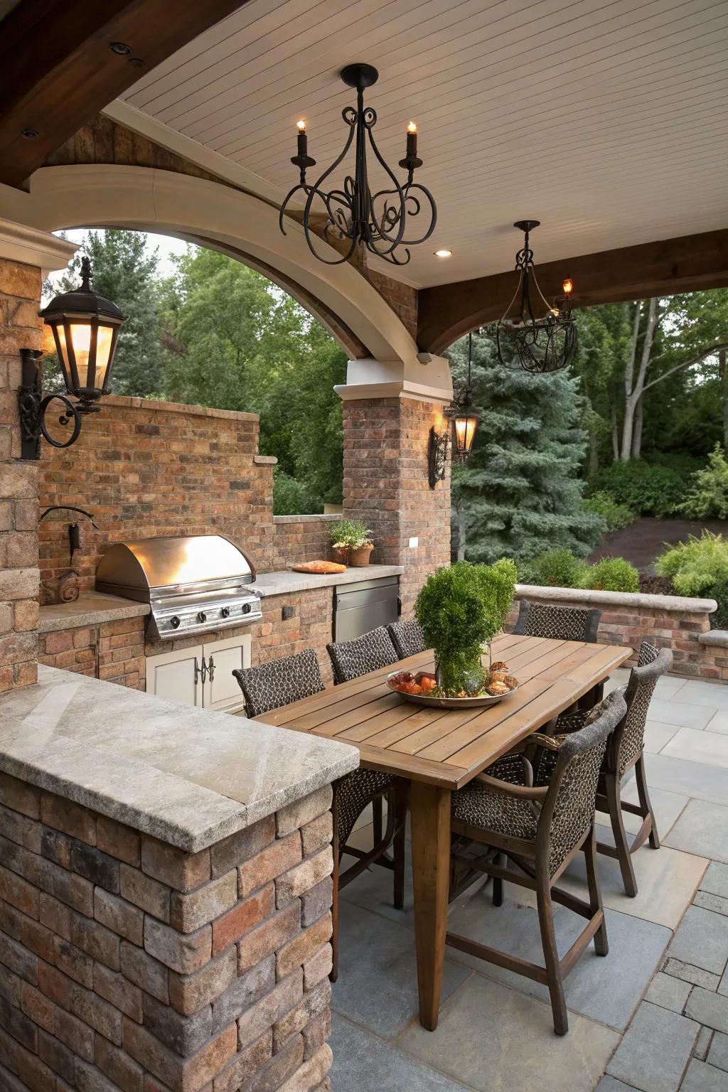 Wall mounts incorporate an artistic flair to open-air kitchens.