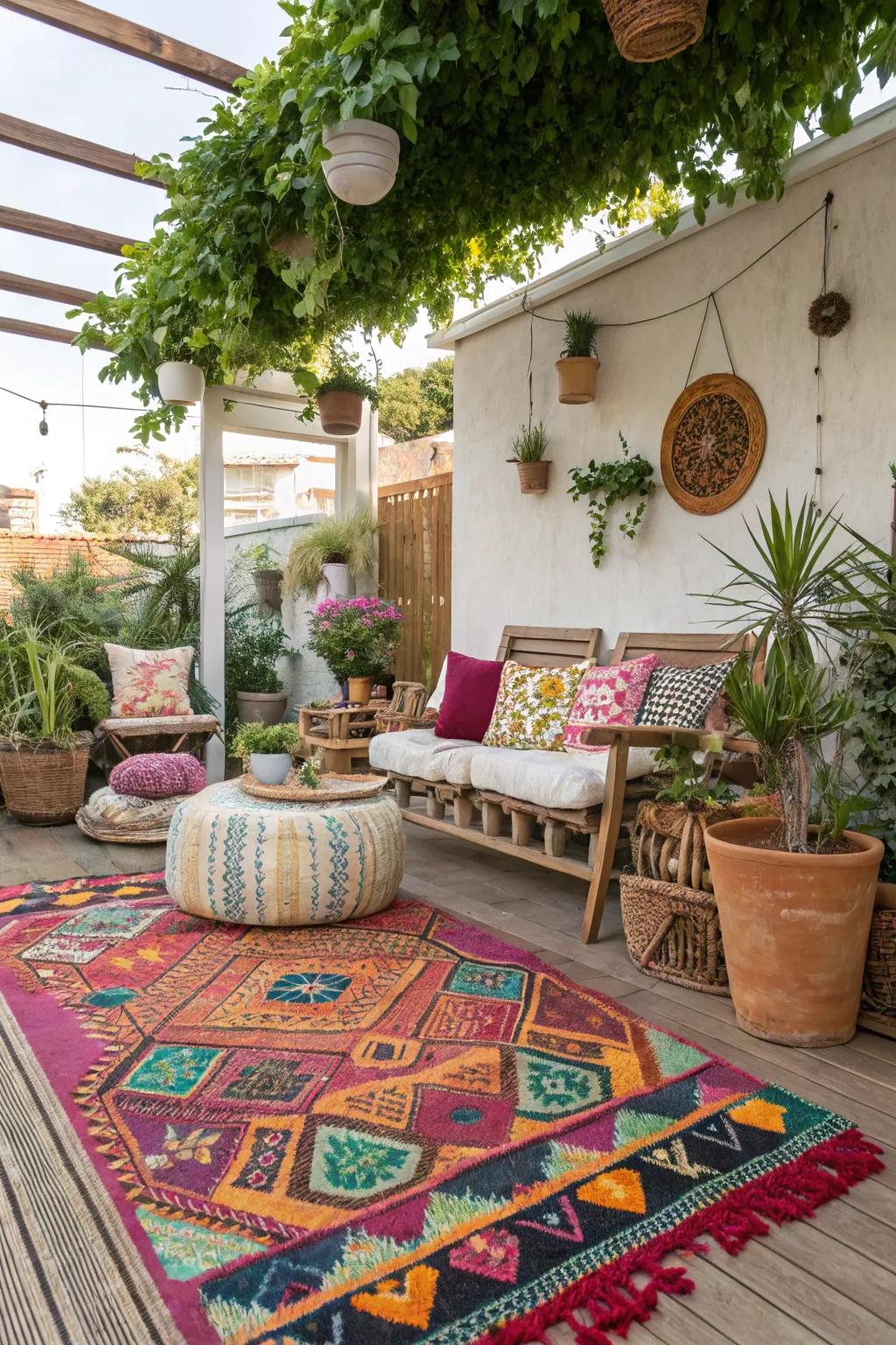 Bohemian flare enhanced by colorful rugs.