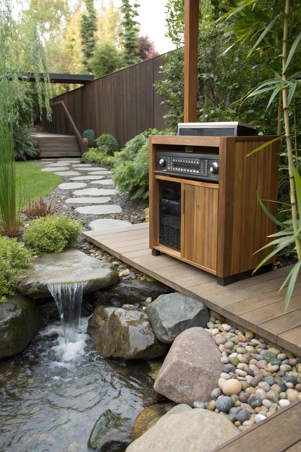Fluid element integrations conjure a comforting atmosphere through sound and sight.