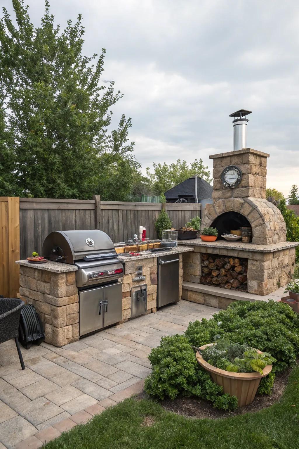 A multifunctional BBQ configuration offers diverse cooking options.