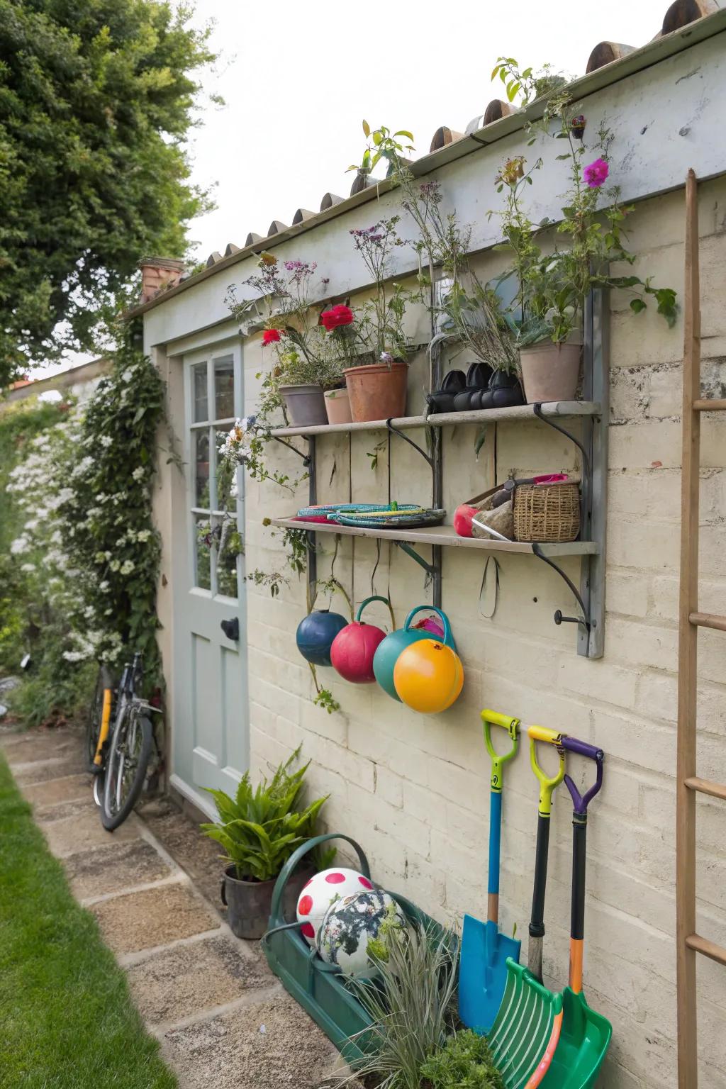 Maximize space with mounted storage options on garden walls.