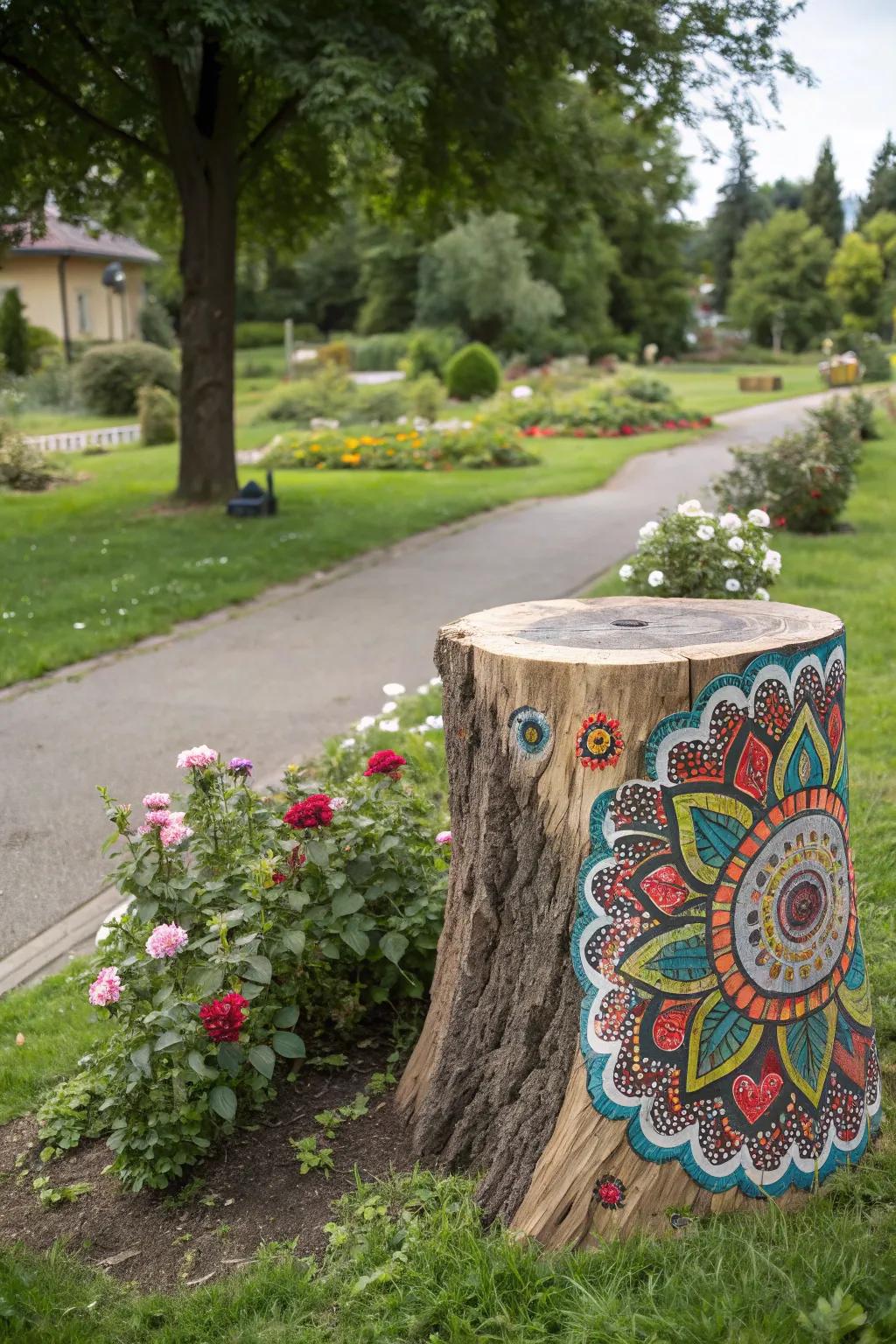 A painted stump evolves into a personalized piece of landscape artistry.