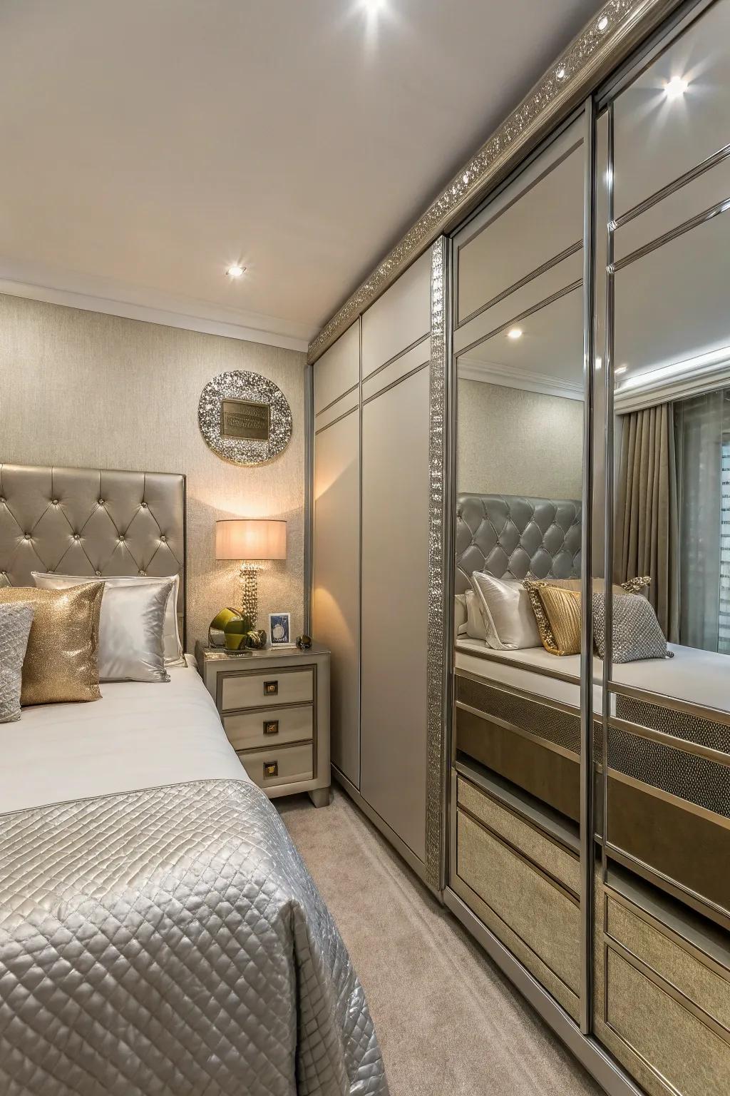 Reflective metal accents add light and luxury to small bedroom designs.