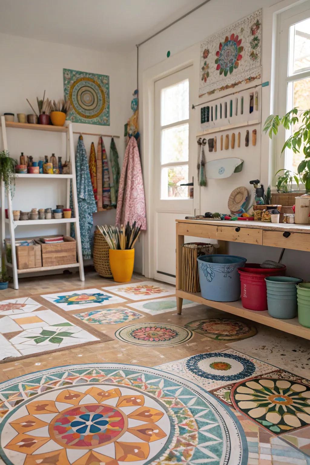 Mosaic patterns convert flooring into imaginative canvases.