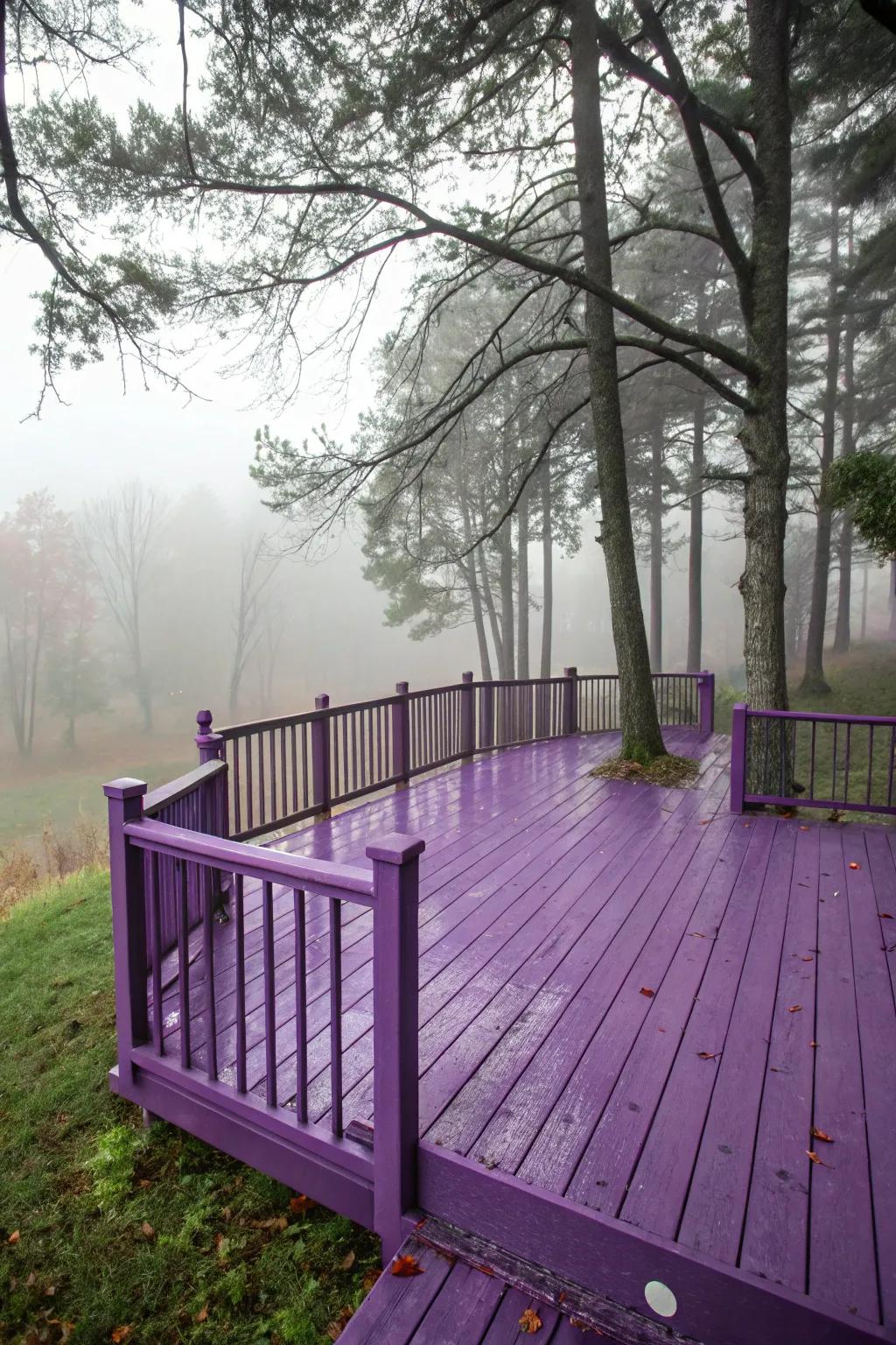 A deck in mystical purple hues, injecting a magical element into the outdoor area.