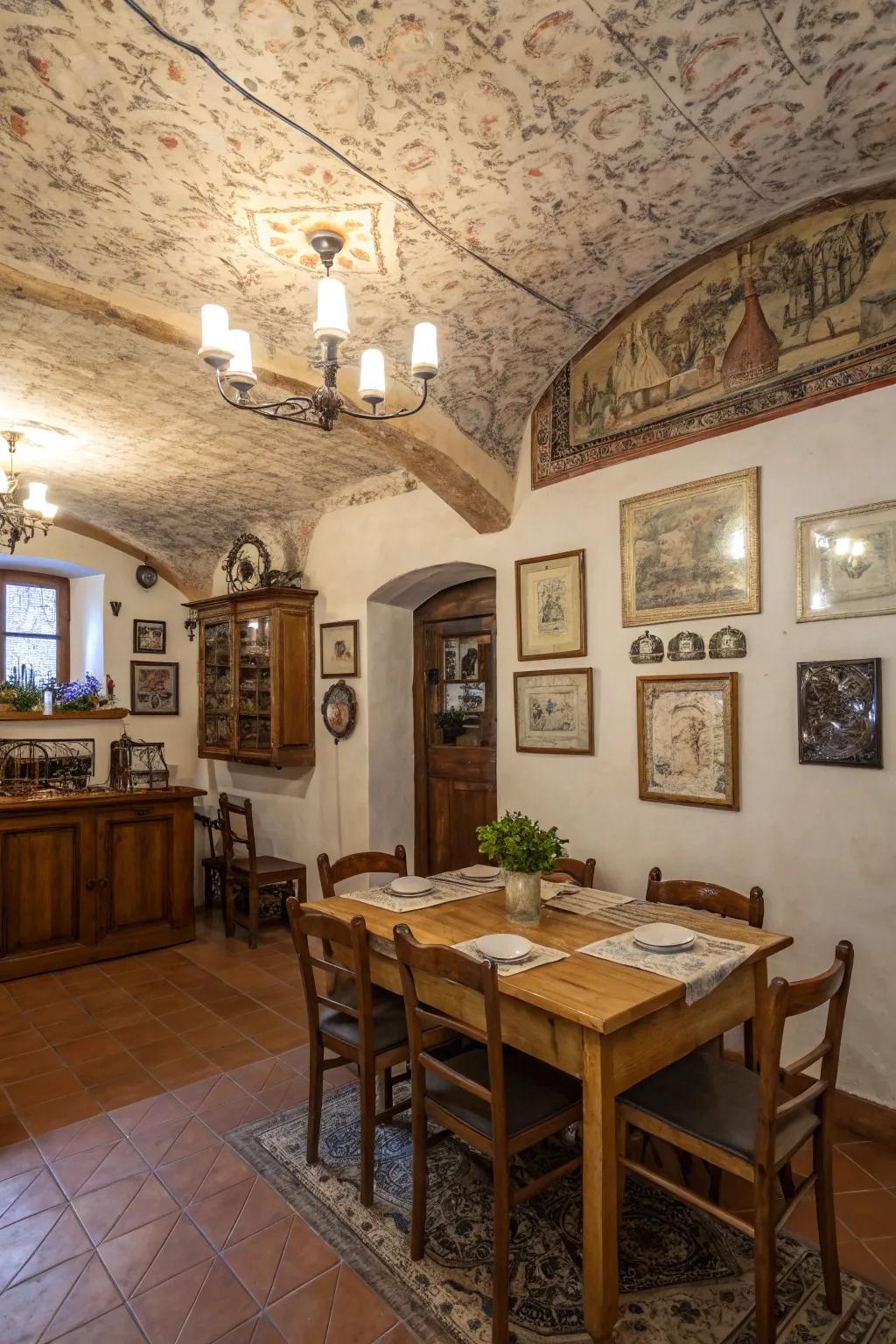 Surfaced ceilings contribute depth and character to dining spaces.