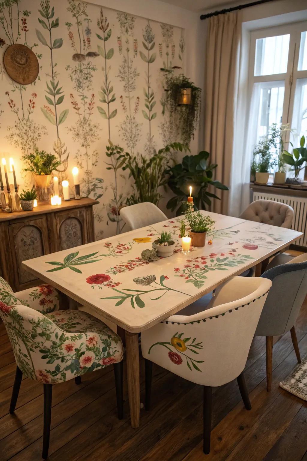 Floral designs contribute a whimsical, fresh dynamic to your dining table.