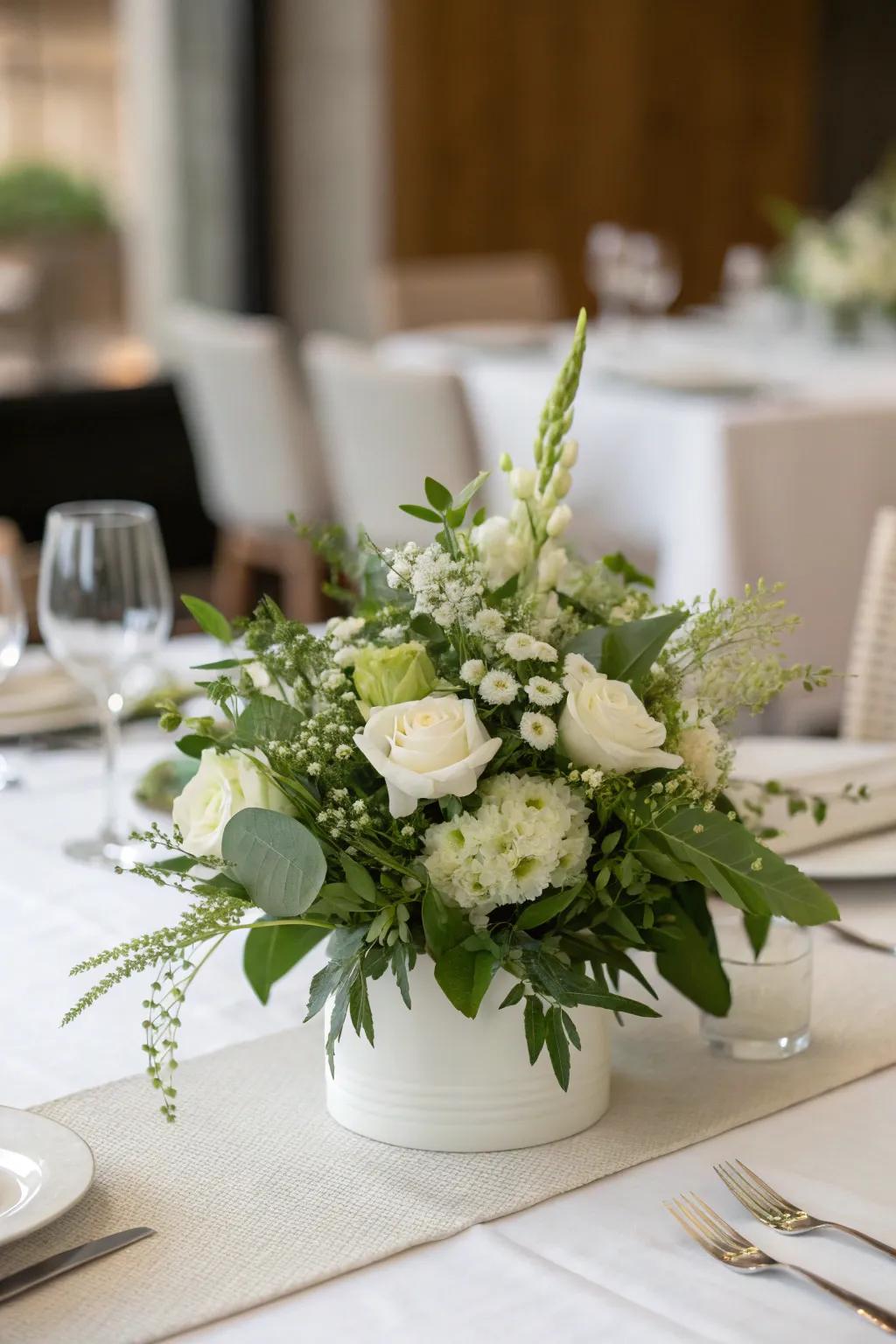 An understated centerpiece using flowers of white and green color.