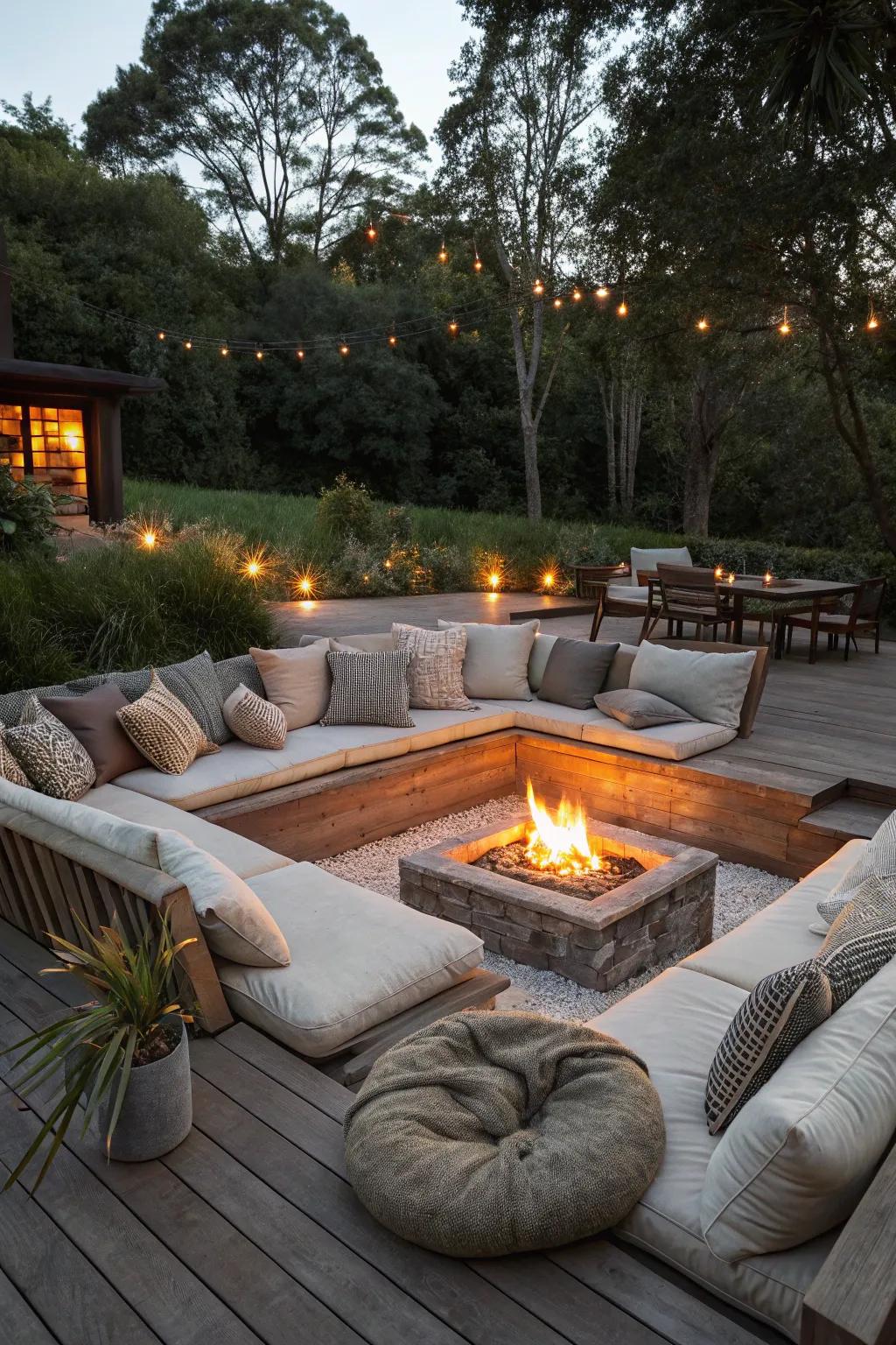 A recessed fire pit lounge introduces a chic, intimate touch.