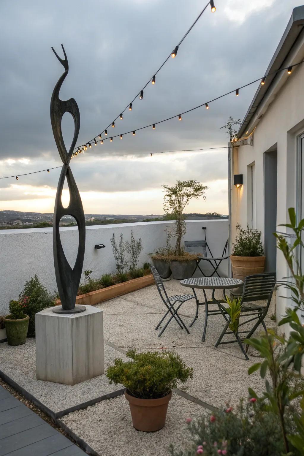 An artistic display introduces personality and focus to a patio.