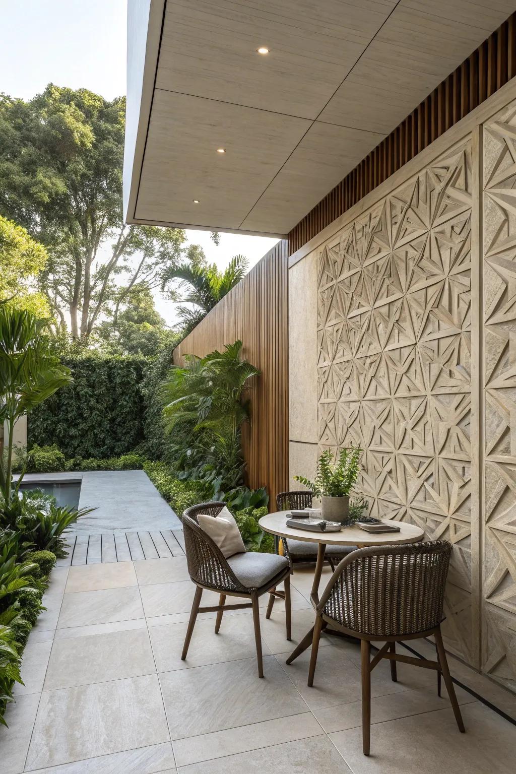 Architectural paneling adds dimension and texture to the patio wall.