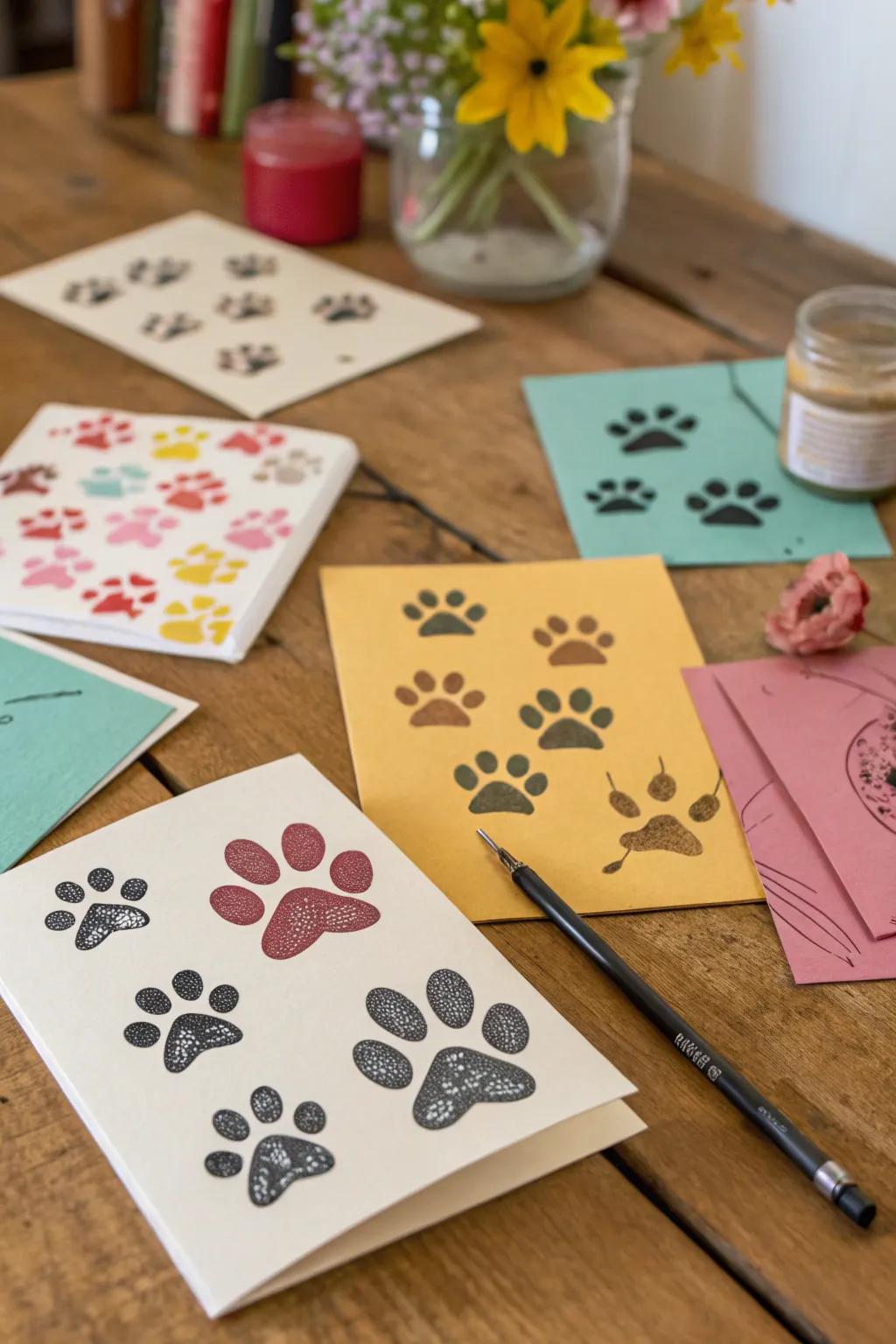 Handmade greeting cards with paw impression designs.