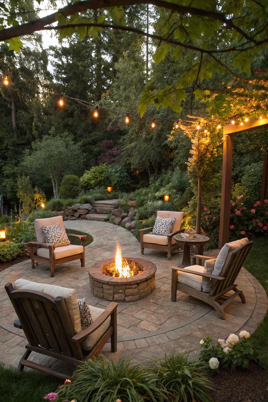 A burning pit establishing a cozy gathering location within the garden.