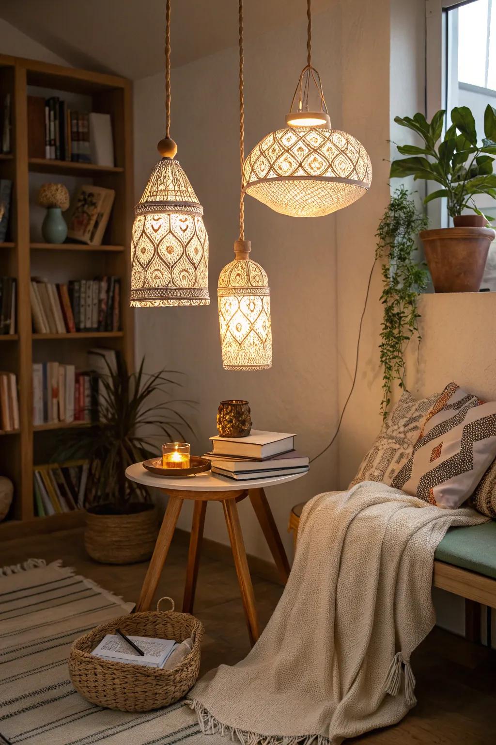Pendants of manual fabrication enrich your ornamental scheme through a personalized nuance.
