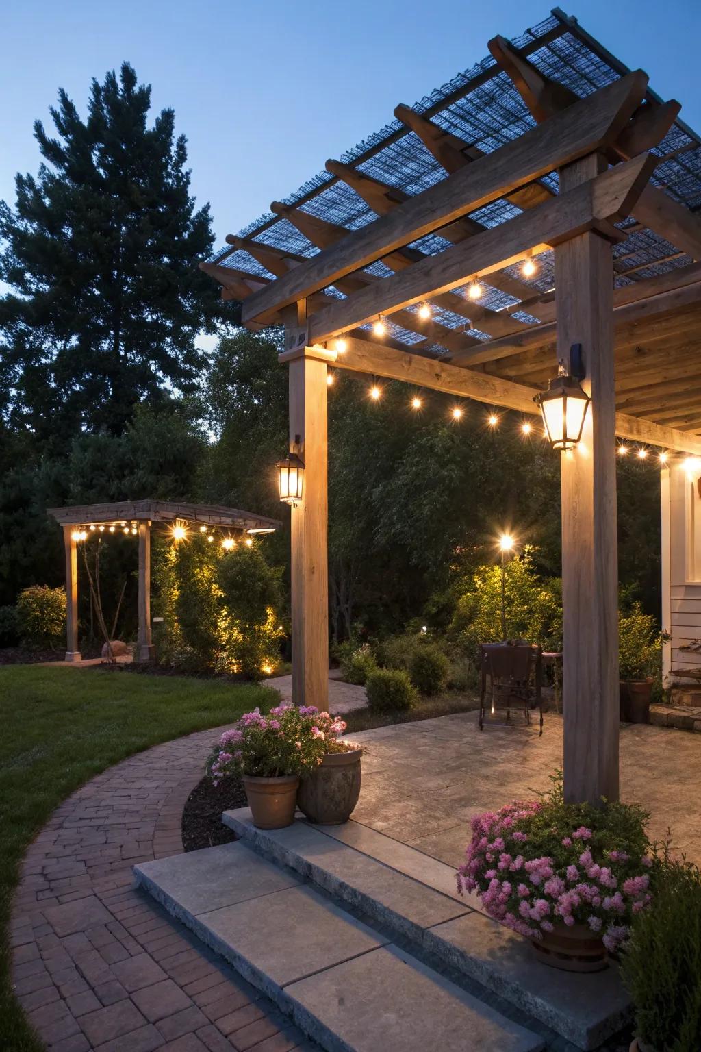 Solar-powered lights provide sustainable evening ambiance.