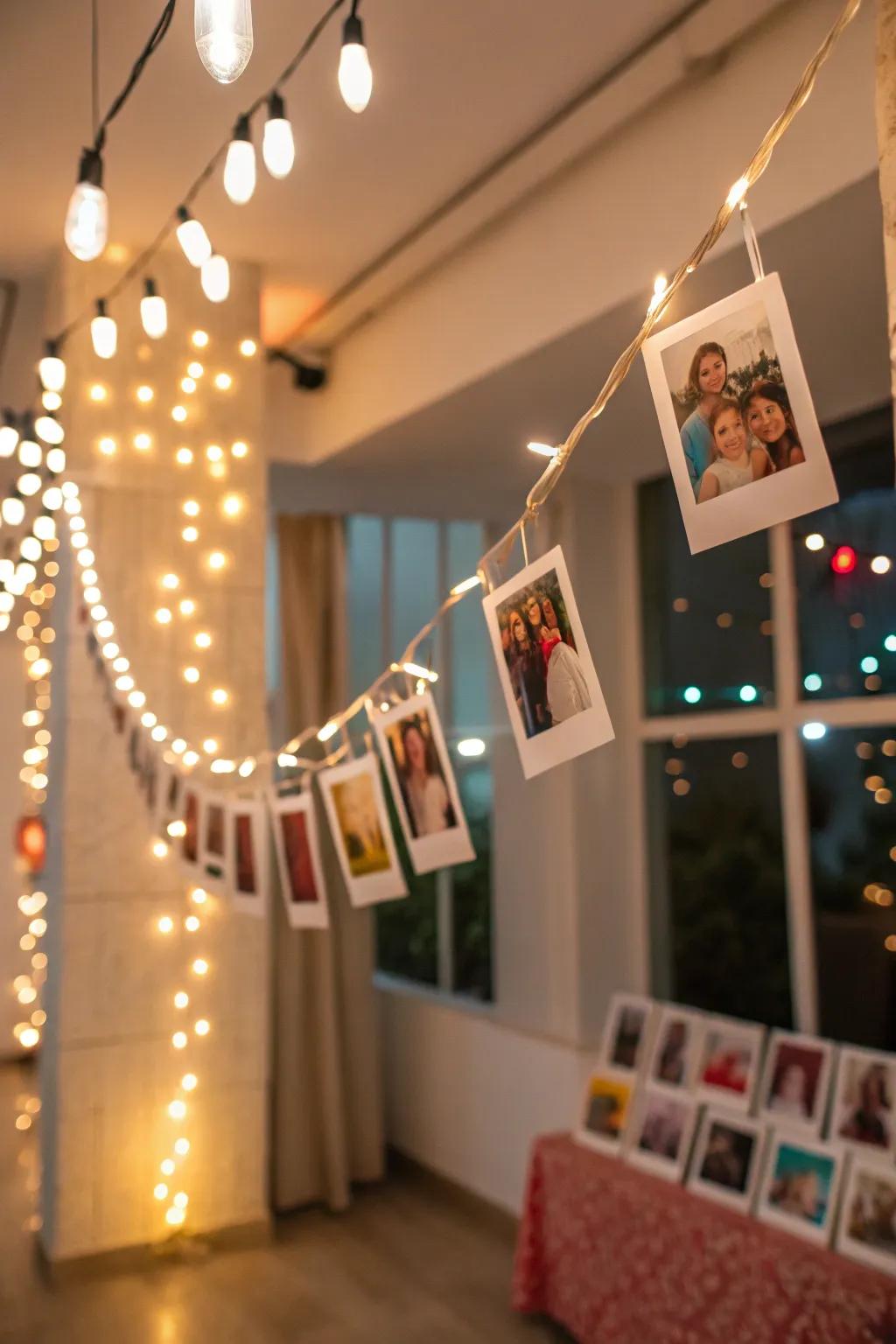 Light garlands with photographs contribute a festive atmosphere.